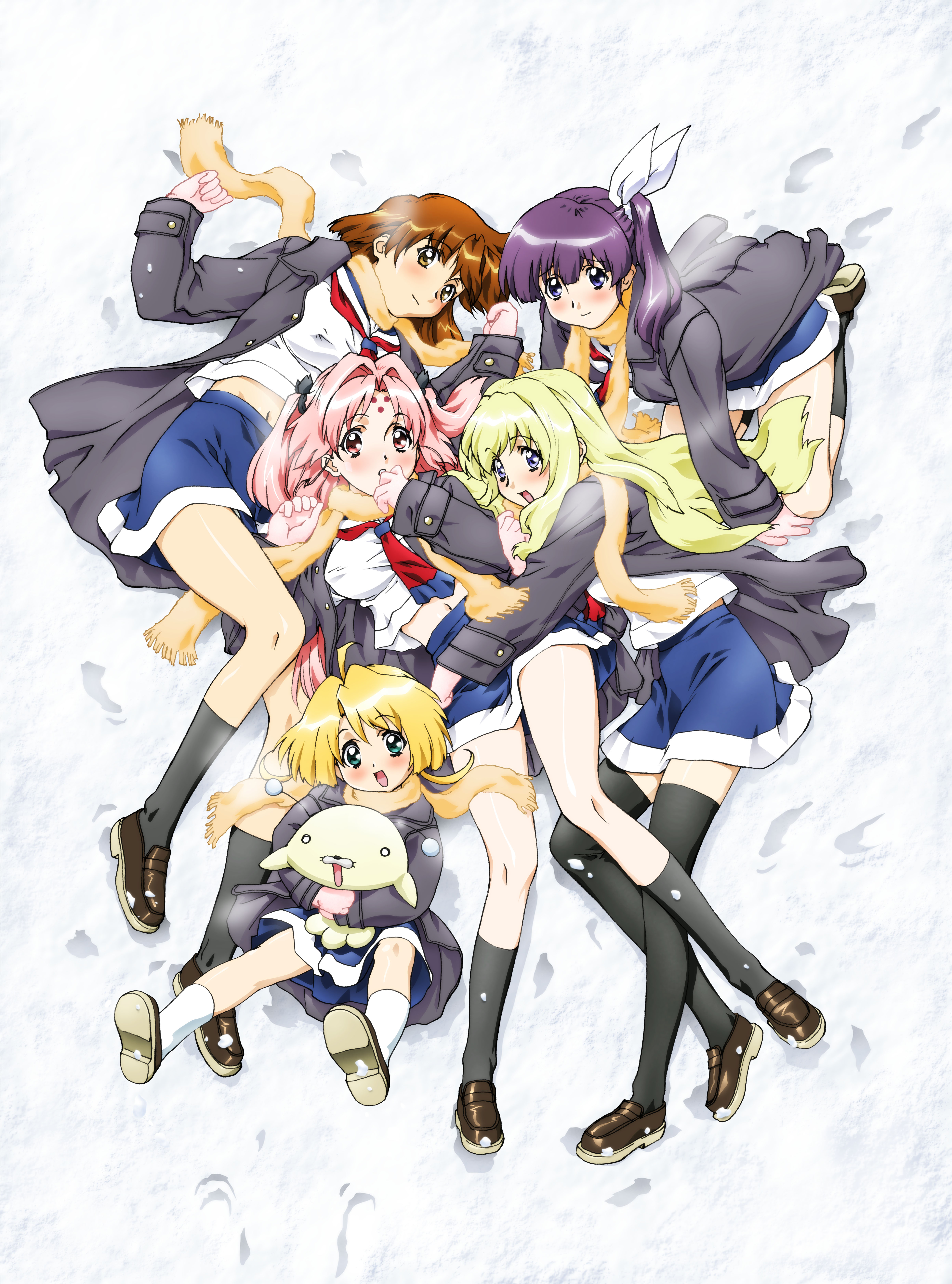 makino ryuuichi, ebi, ebi (girls bravo), fukuyama lisa, kojima kirie, koyomi hare nanaka, miharu sena kanaka, tomoka lana jude, girls bravo, absurdres, highres, scan, 00s, 6+girls, ahoge, blonde hair, blush, breasts, brown eyes, brown hair, covered erect nipples, footprints, green eyes, hair ribbon, hug, jacket, kneehighs, kneeling, large breasts, long hair, lying, medium breasts, midriff, multiple girls, navel, open mouth, pink eyes, pink hair, ponytail, purple eyes, purple hair, ribbon, scarf, school uniform, serafuku, short hair, sitting, skirt, snow, socks, stuffed animal, stuffed toy, thighhighs