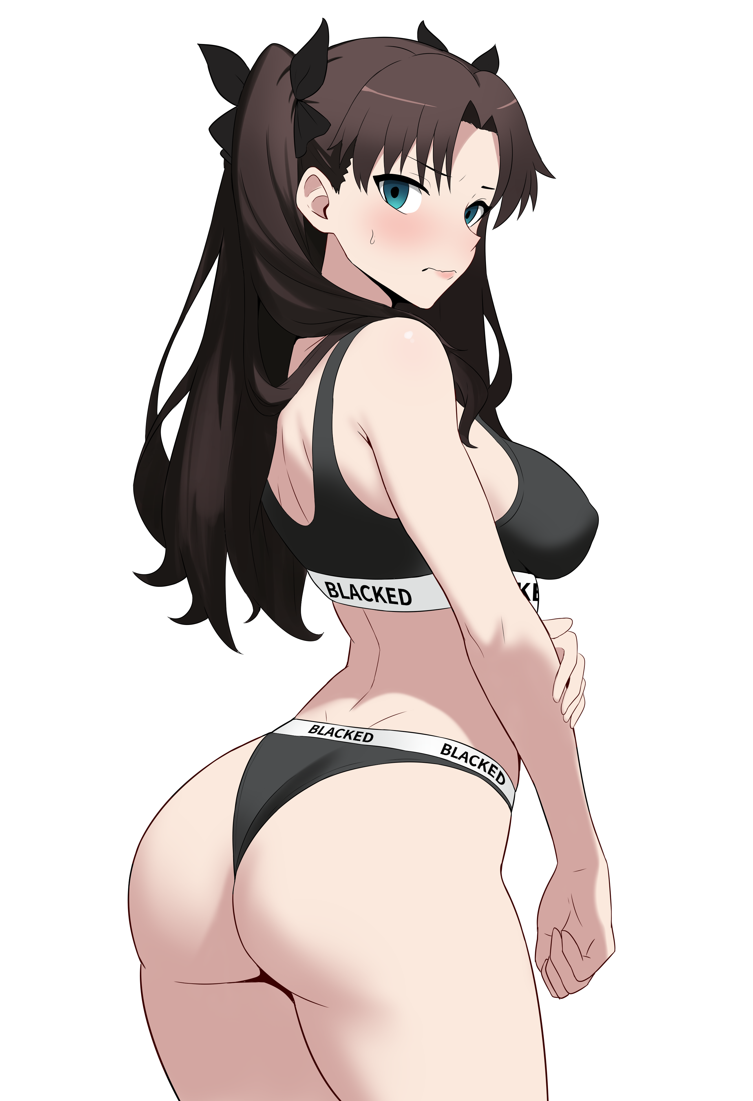 lorddantesito, tohsaka rin, fate/stay night, fate (series), absurdres, commission, highres, 1girl, armpit crease, ass, back, black bra, black hair, black panties, blacked (phrase), bra, breasts, brown hair, cowboy shot, from behind, holding own arm, light frown, looking at viewer, looking back, medium breasts, panties, simple background, solo, sweatdrop, two side up, underwear, underwear only, v-shaped eyebrows, wavy mouth, white background