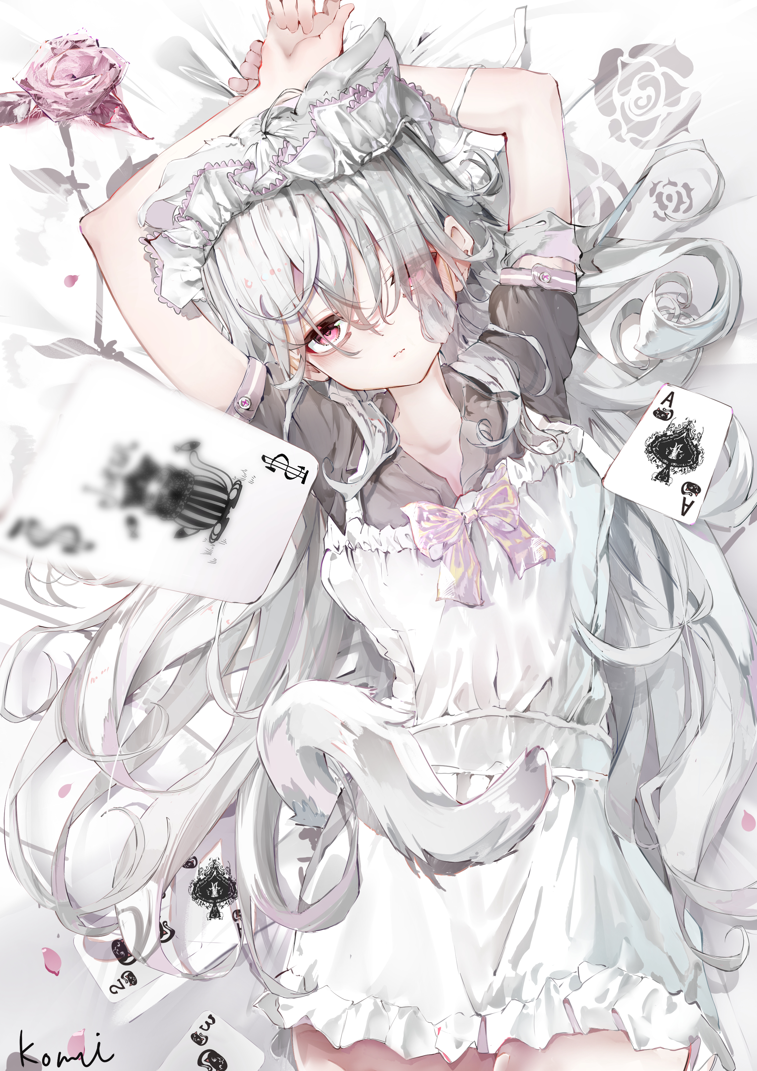 komi eshi, original, absurdres, highres, 1girl, ace (playing card), ace of spades, animal ears, apron, arms up, bow, card, cat tail, eyes visible through hair, hair over one eye, long hair, looking at viewer, lying, maid, maid headdress, on back, playing card, red eyes, shirt, short sleeves, solo, spade (shape), tail, very long hair, white hair
