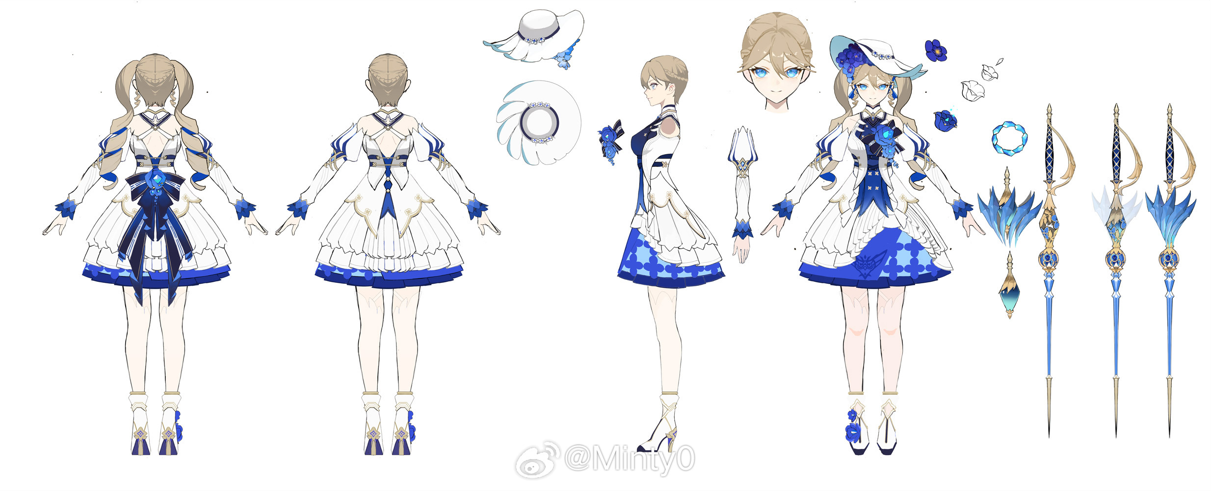 minty0, higan: eruthyll, chinese commentary, highres, official art, 1girl, a-pose, ankle boots, back bow, bare shoulders, black bow, blonde hair, blue dress, blue eyes, blue flower, blue gemstone, blue rose, boots, bow, breasts, closed mouth, corsage, criss-cross back-straps, dress, drill hair, floral print, flower, footwear flower, full body, gem, hair between eyes, hair flower, hair ornament, hat, hat flower, high heel boots, high heels, juliet sleeves, long sleeves, looking at viewer, mandarin collar, medium breasts, medium dress, multiple views, pantyhose, puffy sleeves, rapier, reference sheet, rose, simple background, sleeveless, sleeveless dress, smile, solo, standing, striped bow, sun hat, sword, tibby (higan: eruthyll), turnaround, twin drills, twintails, two-tone dress, watermark, weapon, weibo watermark, white background, white boots, white dress, white hat, white pantyhose
