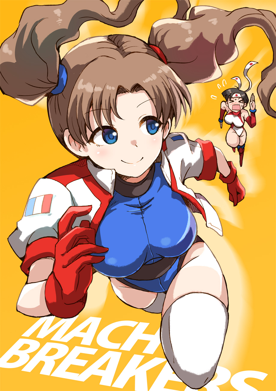 satomura kyou, kotobuki makoto, sharon les halles, mach breakers, numan athletics, highres, > <, 2girls, athletic leotard, black hair, blue eyes, blue leotard, breasts, brown hair, character name, closed eyes, copyright name, crossover, gloves, headband, heattech leotard, jacket, leotard, long hair, looking back, multiple girls, red gloves, red thighhighs, running, short-sleeved jacket, short hair, short sleeves, simple background, sleeveless, sleeveless turtleneck, smile, thighhighs, thighs, turtleneck, twintails, white jacket, white leotard, white thighhighs, wind, wind lift, yellow background