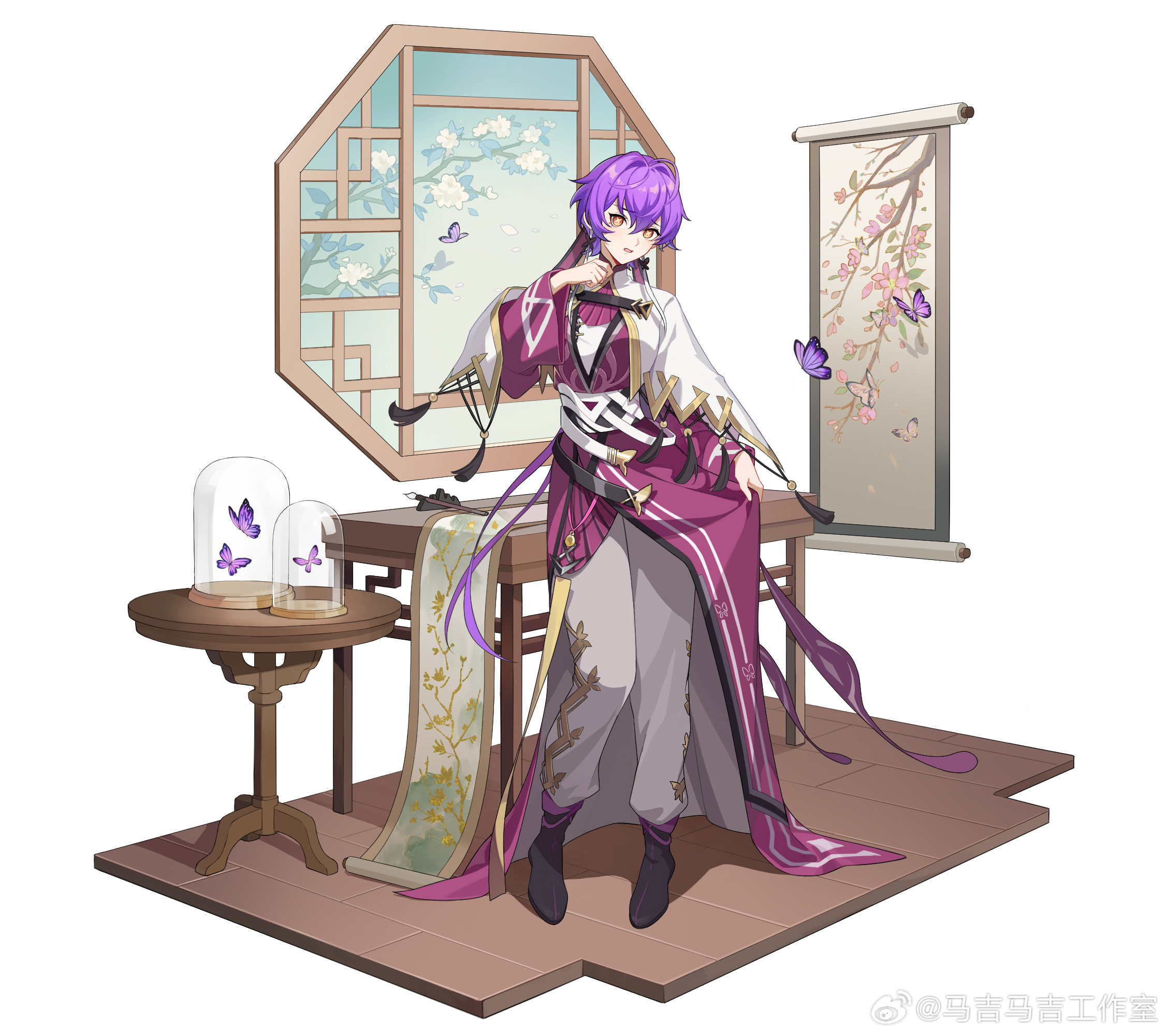 majimaji studio, higan: eruthyll, chinese commentary, highres, official art, 1girl, alternate costume, antenna hair, bell jar, belt, black shoes, branch, breasts, brush rest, butterfly-shaped pupils, butterfly earrings, calligraphy brush, chinese clothes, cropped jacket, earrings, flower, full body, grey pants, hair between eyes, hand up, hanfu, hanging scroll, jacket, jewelry, kueen, lattice, light blush, long hair, low ponytail, medium breasts, paintbrush, pants, pigeon-toed, pink hanfu, pink robe, ponytail, purple hair, ribbon, robe, robe hold, scroll, shoes, sideways glance, solo, standing, symbol-shaped pupils, table, tassel, very long hair, watermark, weibo watermark, white background, white belt, white flower, white jacket, wide sleeves, window, wooden floor, wooden table, yellow eyes, yellow ribbon
