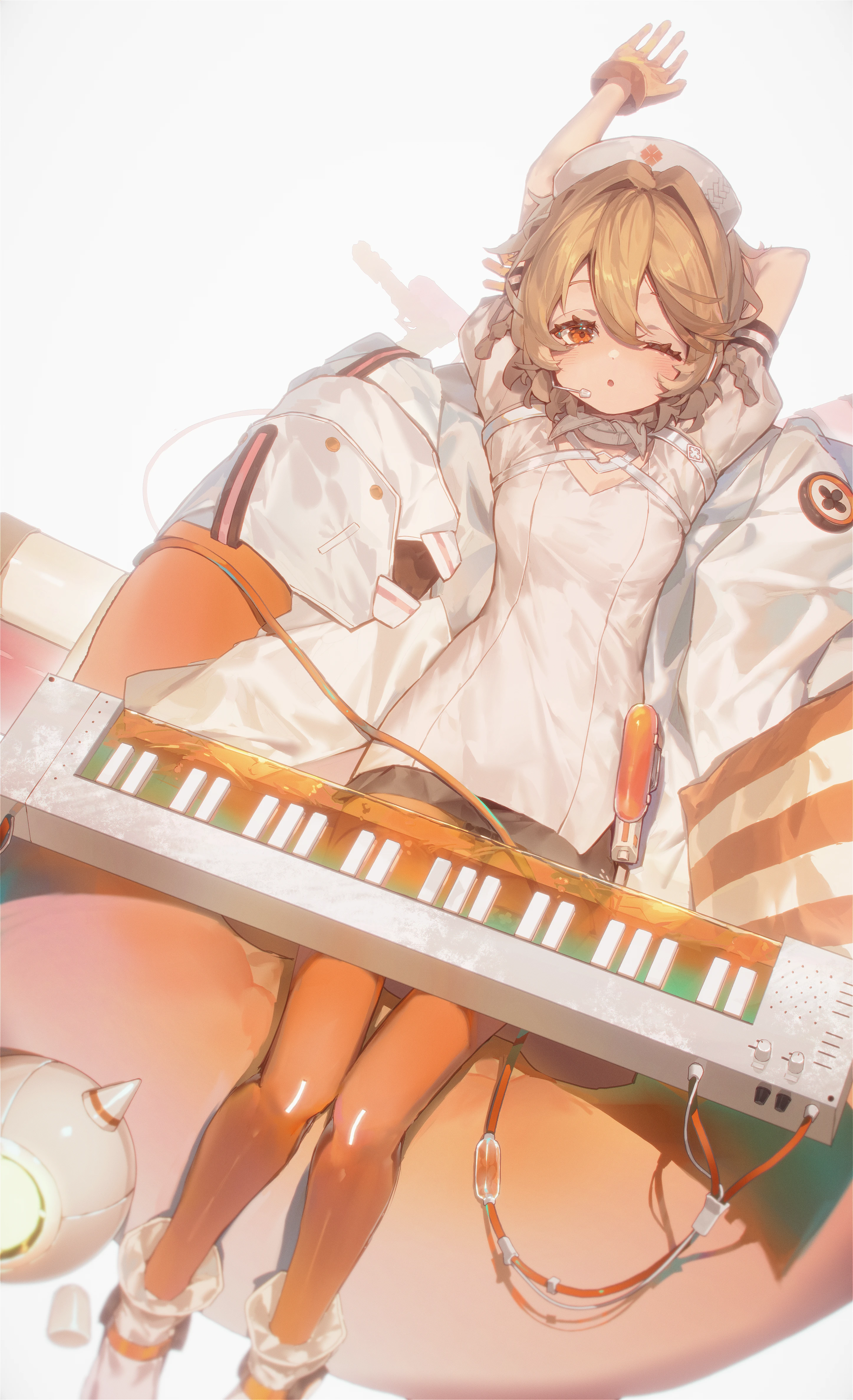 ap04astral, nurse robot type t, utau, absurdres, highres, 1girl, ;o, arms up, blonde hair, breasts, dot nose, feet out of frame, gloves, hat, light blush, looking at viewer, lying, medium breasts, medium hair, nurse cap, on back, one eye closed, orange gloves, orange pantyhose, pantyhose, short sleeves, simple background, smoking pipe, solo, white background, yawning