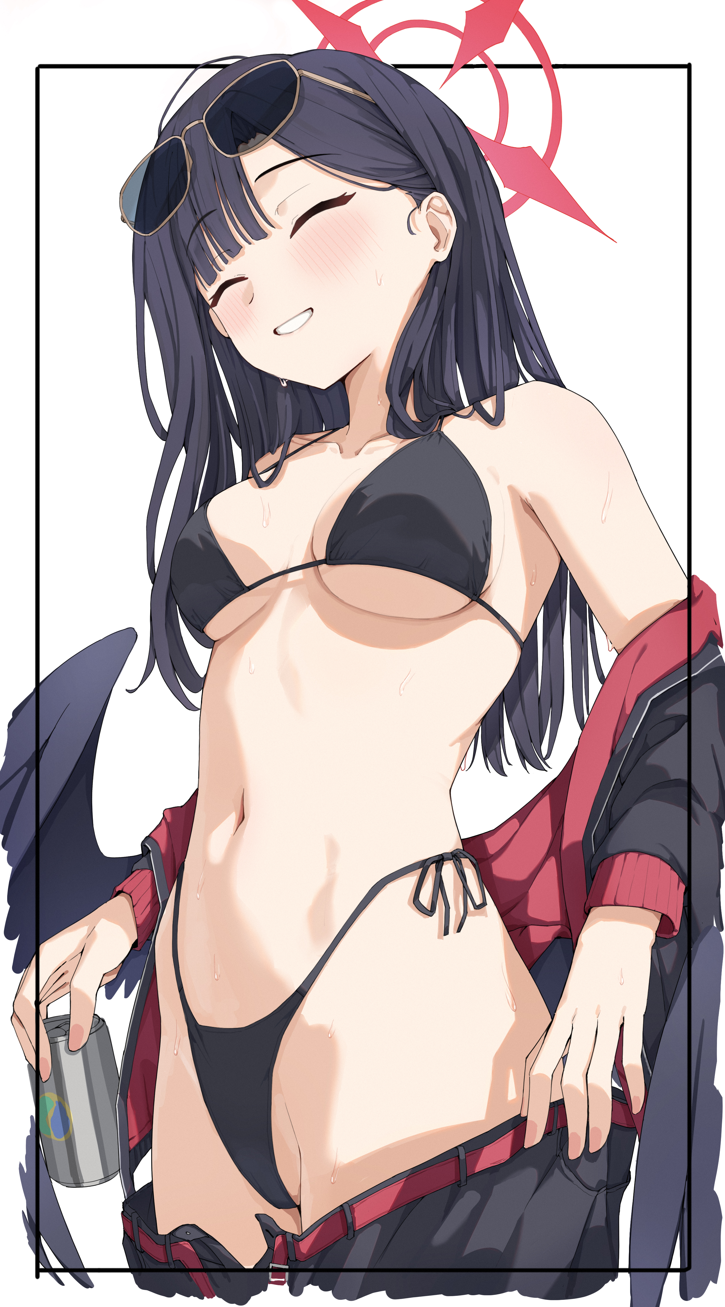 mimma ring (nobuyueli), ichika (blue archive), ichika (swimsuit) (blue archive), blue archive, absurdres, highres, 1girl, bare shoulders, bikini, black bikini, black hair, blush, breasts, cleavage, closed eyes, clothes pull, cowboy shot, eyewear on head, grin, halo, jacket, long hair, long sleeves, medium breasts, navel, off shoulder, official alternate costume, open clothes, open jacket, simple background, smile, solo, standing, string bikini, swimsuit, white background