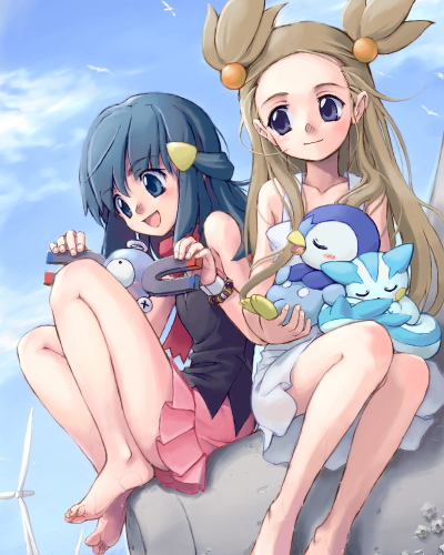 mimolette (mimo), saitou teikoku, dawn (pokemon), jasmine (pokemon), magnemite, pachirisu, piplup, nintendo, pokemon, pokemon dppt, pokemon gsc, bad id, bad pixiv id, lowres, md5 mismatch, 00s, 1990s (style), 2girls, barefoot, blue eyes, blue hair, brown hair, closed eyes, cloud, day, dress, feet, gen 1 pokemon, gen 4 pokemon, gym leader, hair bobbles, hair ornament, long hair, multiple girls, pokemon (creature), purple eyes, retro artstyle, sitting, skirt, sky, sleeping, smile, tetrapod, two side up, u u, wind, wind turbine, windmill