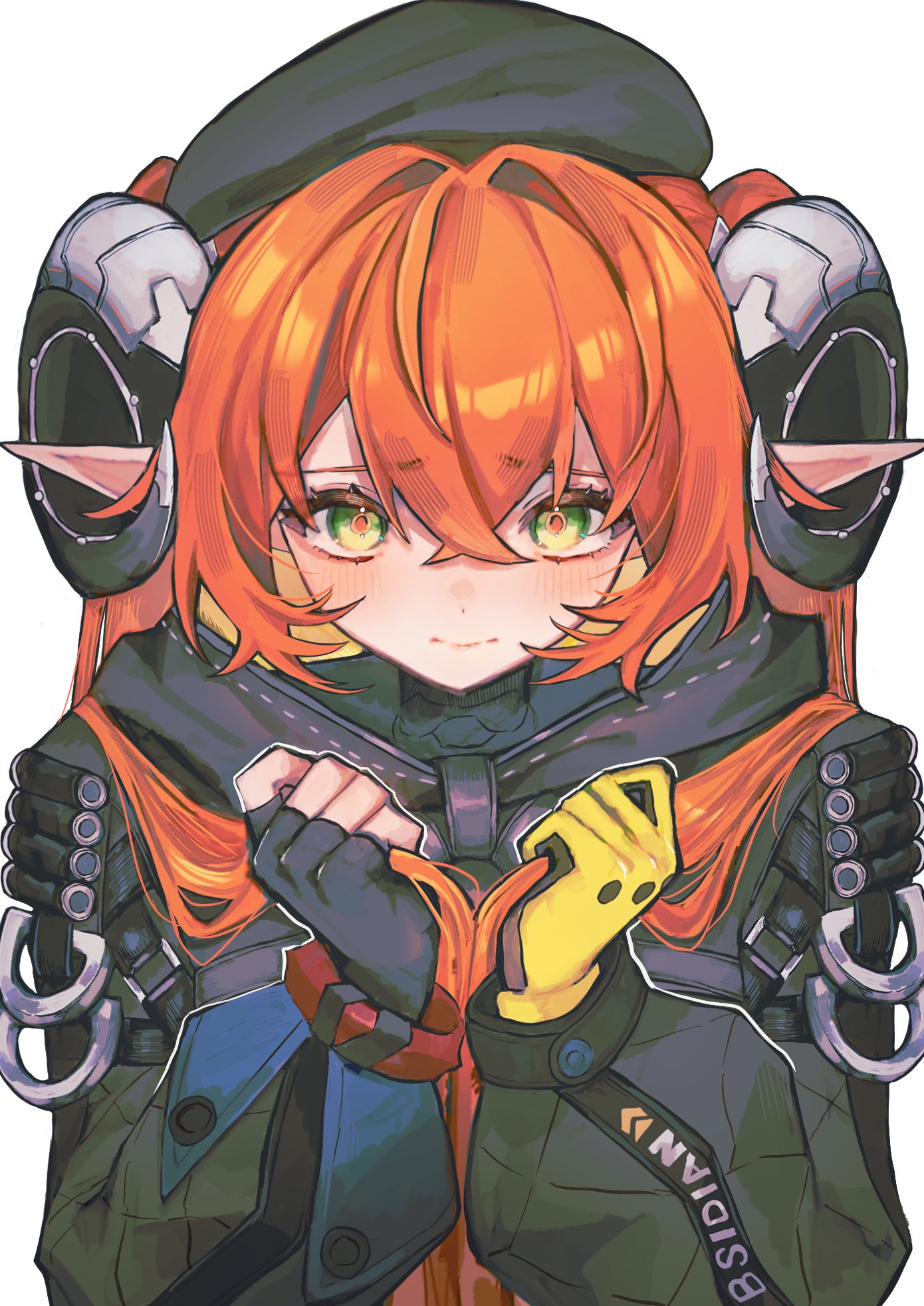 orphie magnusson, zenless zone zero, commentary request, highres, 1girl, asymmetrical gloves, beret, black gloves, blush, breasts, czc9q2, fingerless gloves, gloves, green eyes, hair between eyes, hair intakes, hat, holding, holding own hair, hood, horns, jacket, large breasts, light blush, long hair, looking at viewer, mismatched gloves, orange hair, orange pupils, pointy ears, shy, twintails, upper body, white background, yellow gloves