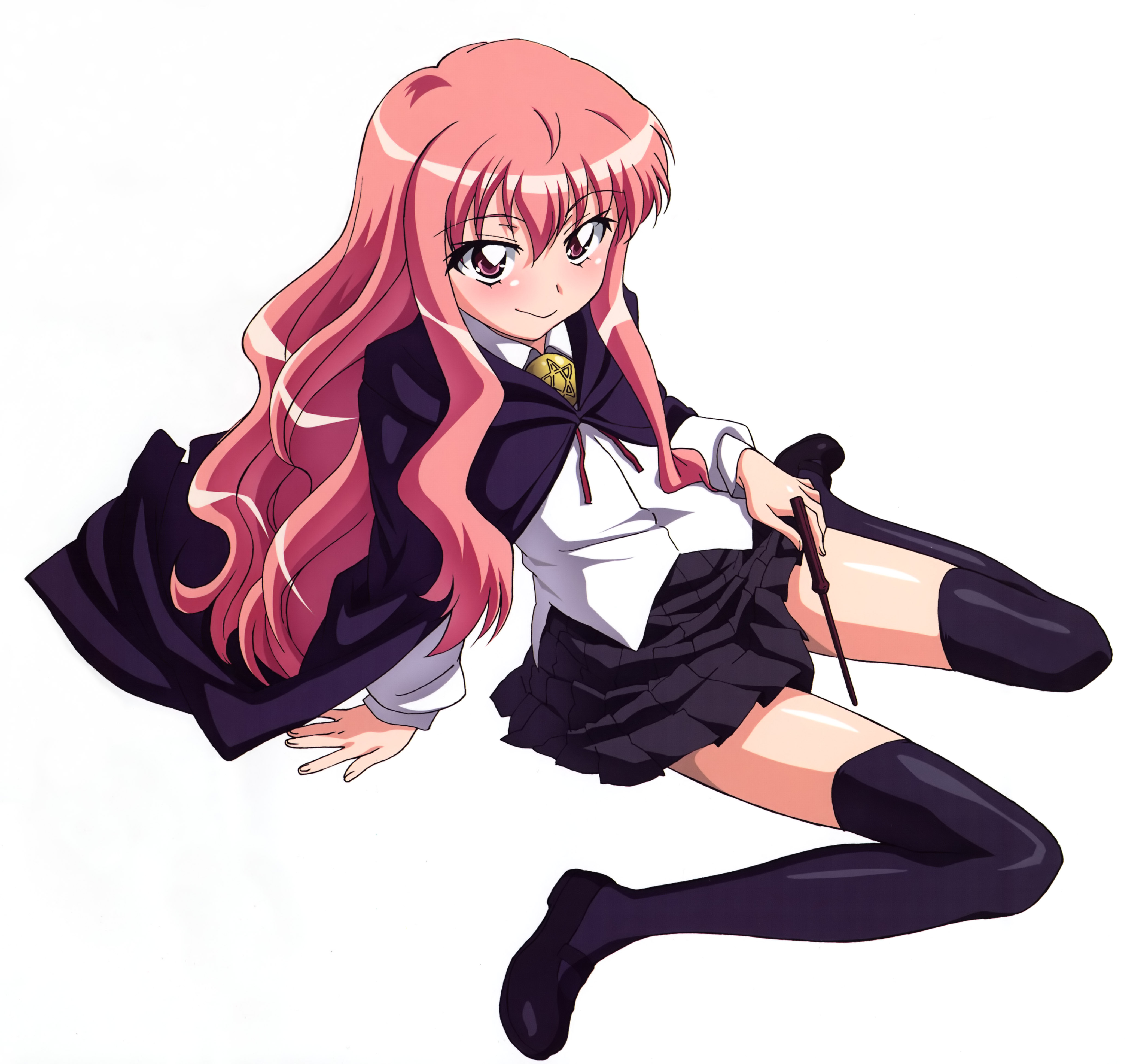 louise francoise le blanc de la valliere, zero no tsukaima, absurdres, artist request, highres, scan, 00s, blush, cape, flat chest, long hair, skirt, thighhighs