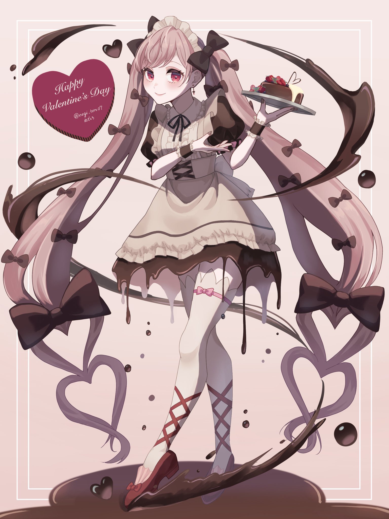 amanegi toro, original, highres, 1girl, apron, blush, bow, brown hair, dress, frills, full body, long hair, maid, maid apron, maid headdress, ribbon, smile, solo, twintails, valentine, white apron