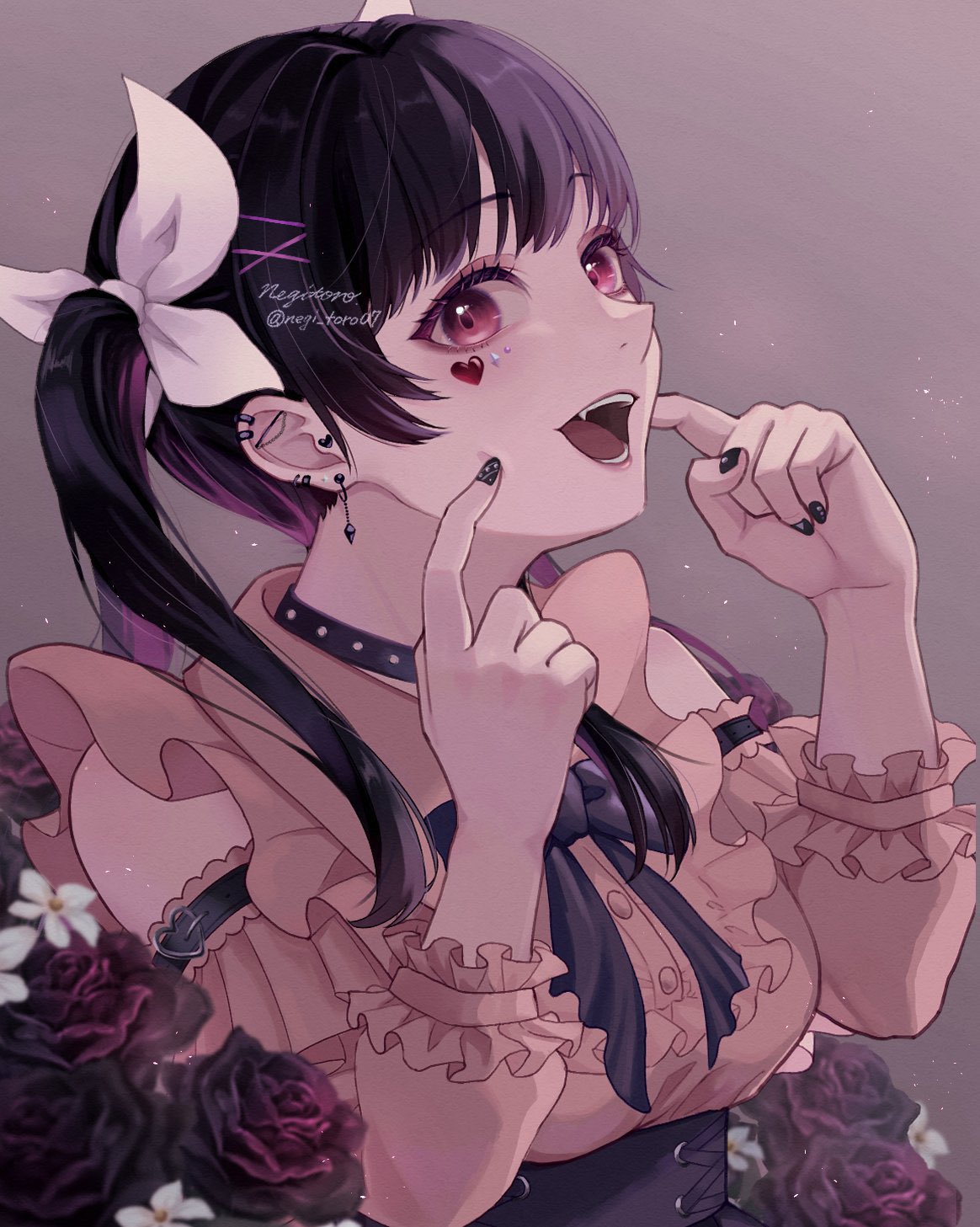 amanegi toro, original, highres, 1girl, aegyo sal, black flower, black hair, black rose, bow, choker, ear piercing, facial mark, fang, finger to cheek, flower, hair bow, heart, heart facial mark, index finger raised, jirai kei, looking at viewer, multiple hair bows, open mouth, piercing, rose, solo, twintails, white flower