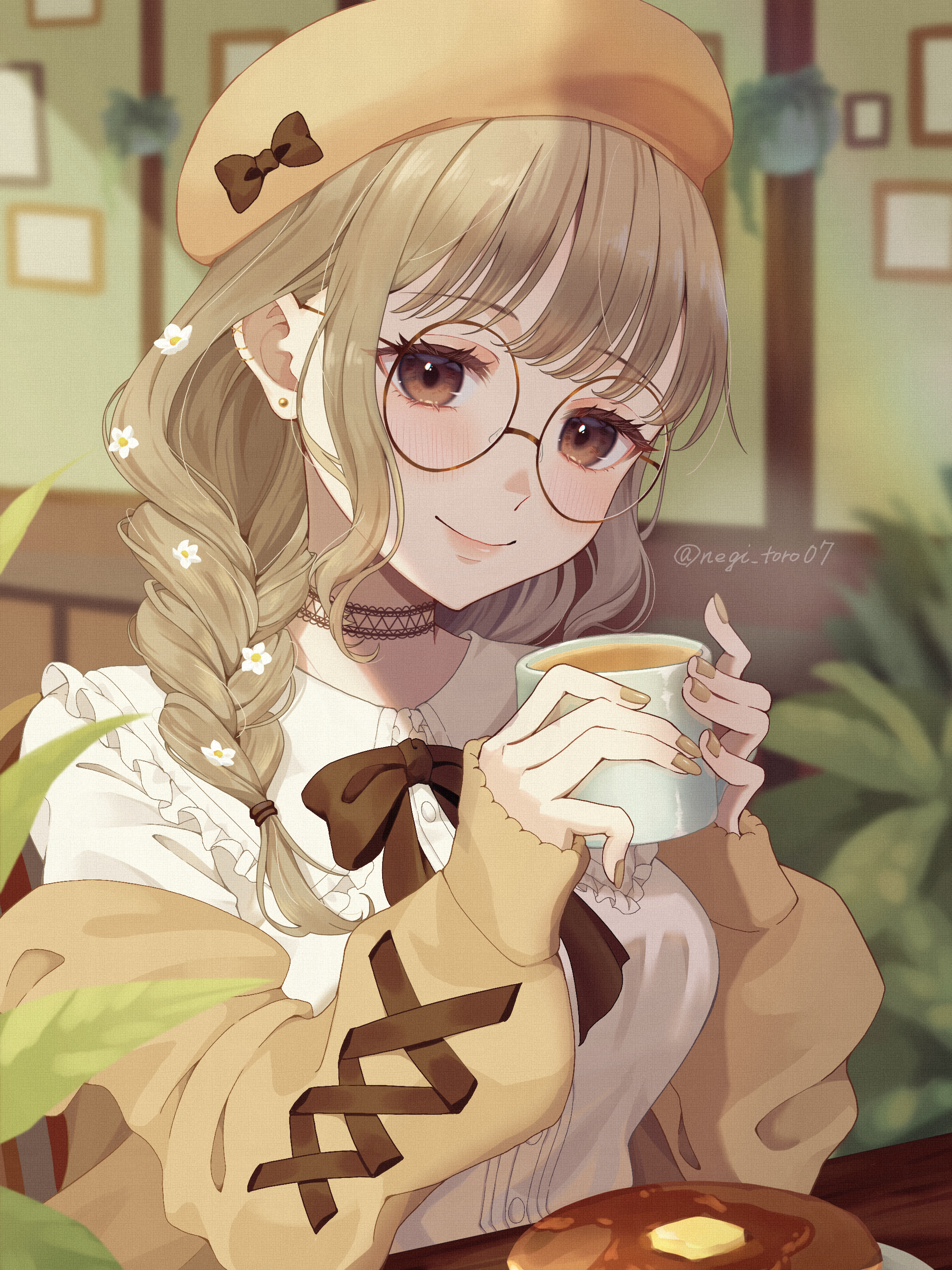 amanegi toro, original, absurdres, highres, 1girl, bow, braid, brown eyes, brown hair, cafe, food, glasses, hat, long hair, looking at viewer, low twin braids, nail polish, pancake, restaurant, ribbon, shirt, smile, solo, twin braids, upper body