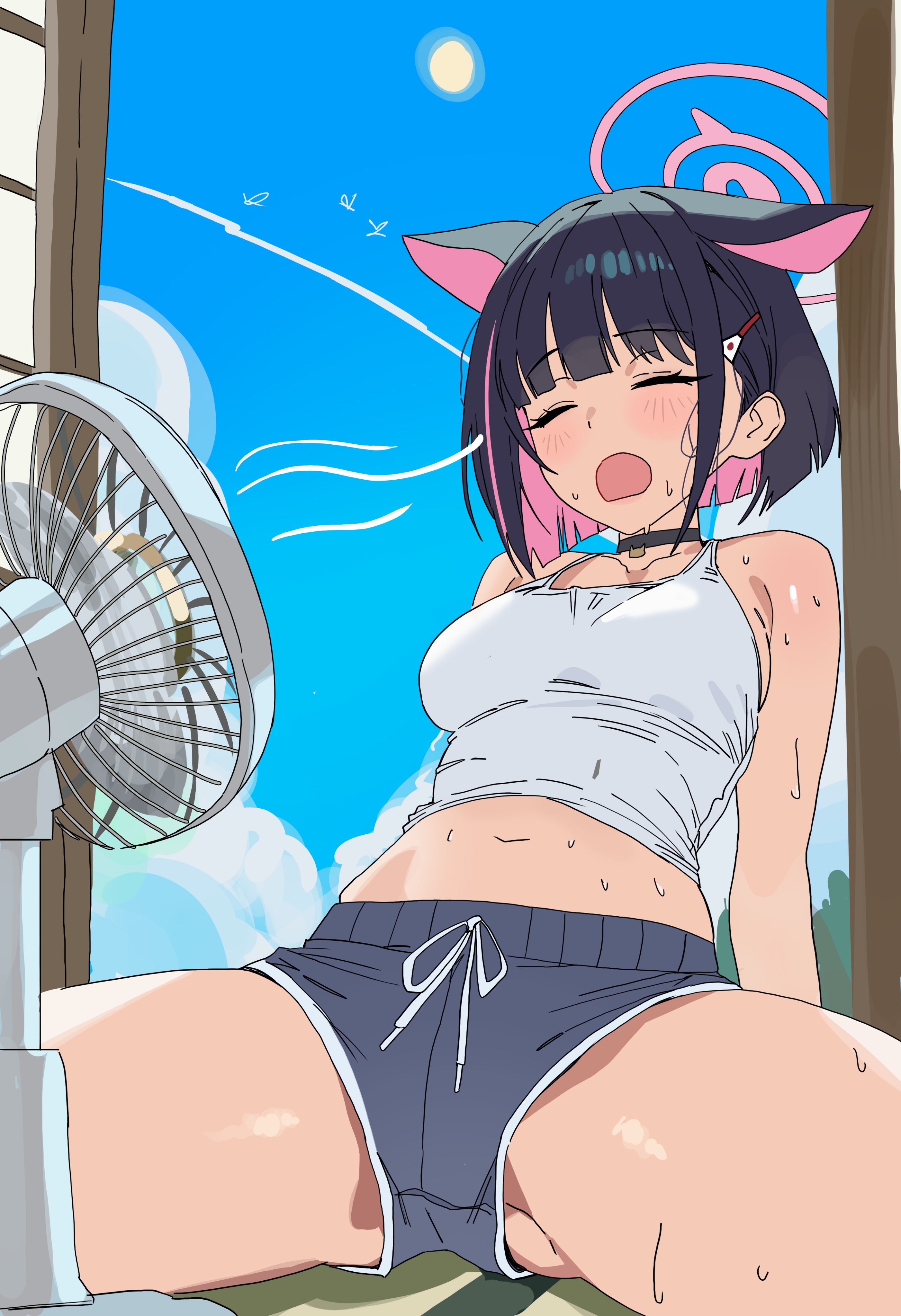 riel (rielilu), kazusa (blue archive), blue archive, absurdres, highres, 1girl, animal ears, black choker, cat choker, cat ears, cat girl, choker, colored inner animal ears, colored inner hair, extra ears, halo, multicolored hair, pink hair, pink halo, solo, two-tone hair
