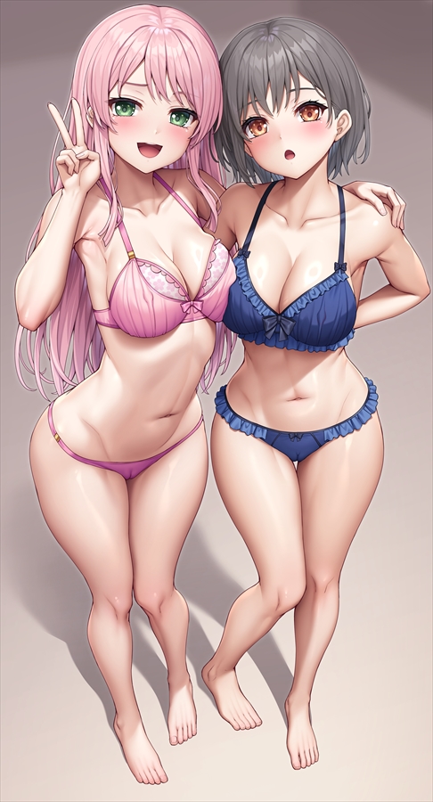 lambda (kusowarota), chihaya anon, takamatsu tomori, bang dream!, bang dream! it's mygo!!!!!, commentary, symbol-only commentary, 2girls, arms behind back, blue bra, blue panties, blush, bra, breast press, breasts, brown eyes, cleavage, collarbone, green eyes, grey hair, hand on another's shoulder, large breasts, long hair, multiple girls, navel, open mouth, panties, pink bra, pink hair, pink panties, short hair, stomach, underwear, underwear only, v