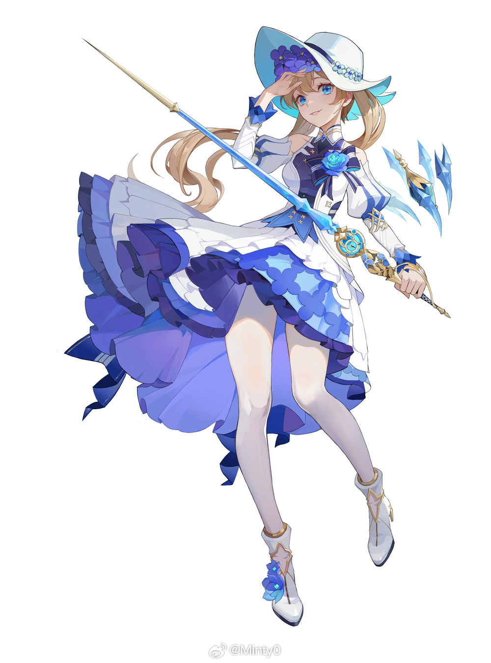 minty0, higan: eruthyll, chinese commentary, highres, official art, 1girl, ankle boots, bare shoulders, black bow, blonde hair, blue dress, blue eyes, blue flower, blue rose, boots, bow, breasts, corsage, crystal, dress, floating, floating object, floral print, flower, footwear flower, frilled dress, frills, full body, hair between eyes, hair flower, hair ornament, hat, hat flower, high heel boots, high heels, holding, holding sword, holding weapon, juliet sleeves, long sleeves, looking at viewer, mandarin collar, medium breasts, medium dress, pantyhose, parted lips, puffy sleeves, rapier, rose, shading eyes, sideways glance, sleeveless, sleeveless dress, smile, solo, standing, striped bow, sun hat, sword, tibby (higan: eruthyll), twintails, two-tone dress, watermark, weapon, weibo watermark, white background, white boots, white dress, white hat, white pantyhose