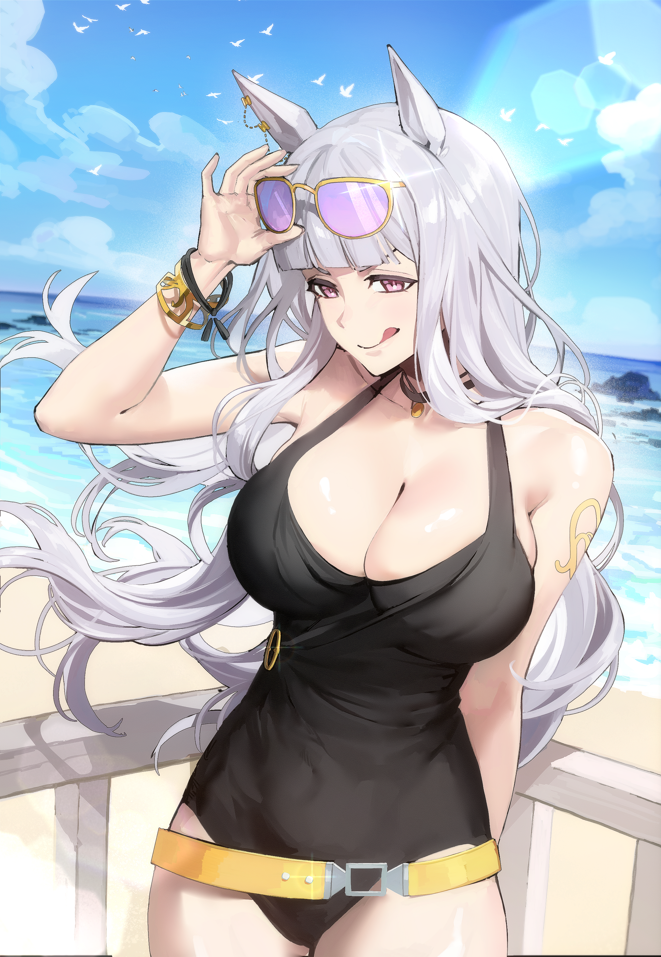 yakool, gold ship (run revolt launcher) (umamusume), gold ship (umamusume), umamusume, absurdres, commentary, highres, 1girl, :q, animal ears, beard, black one-piece swimsuit, blunt bangs, bracelet, breasts, casual one-piece swimsuit, cleavage, eyewear on head, facial hair, floating hair, grey hair, horizon, horse ears, horse girl, horse tail, jewelry, large breasts, long hair, looking at viewer, multiple bracelets, ocean, official alternate costume, one-piece swimsuit, outdoors, purple-tinted eyewear, solo, standing, swimsuit, tail, thighs, tinted eyewear, tongue, tongue out, water, white hair, yellow-framed eyewear