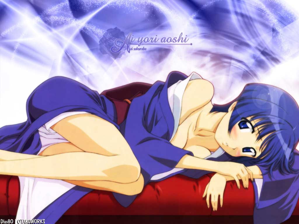 sakuraba aoi, blush, japanese clothes, kimono, open clothes, open shirt, shirt, short hair