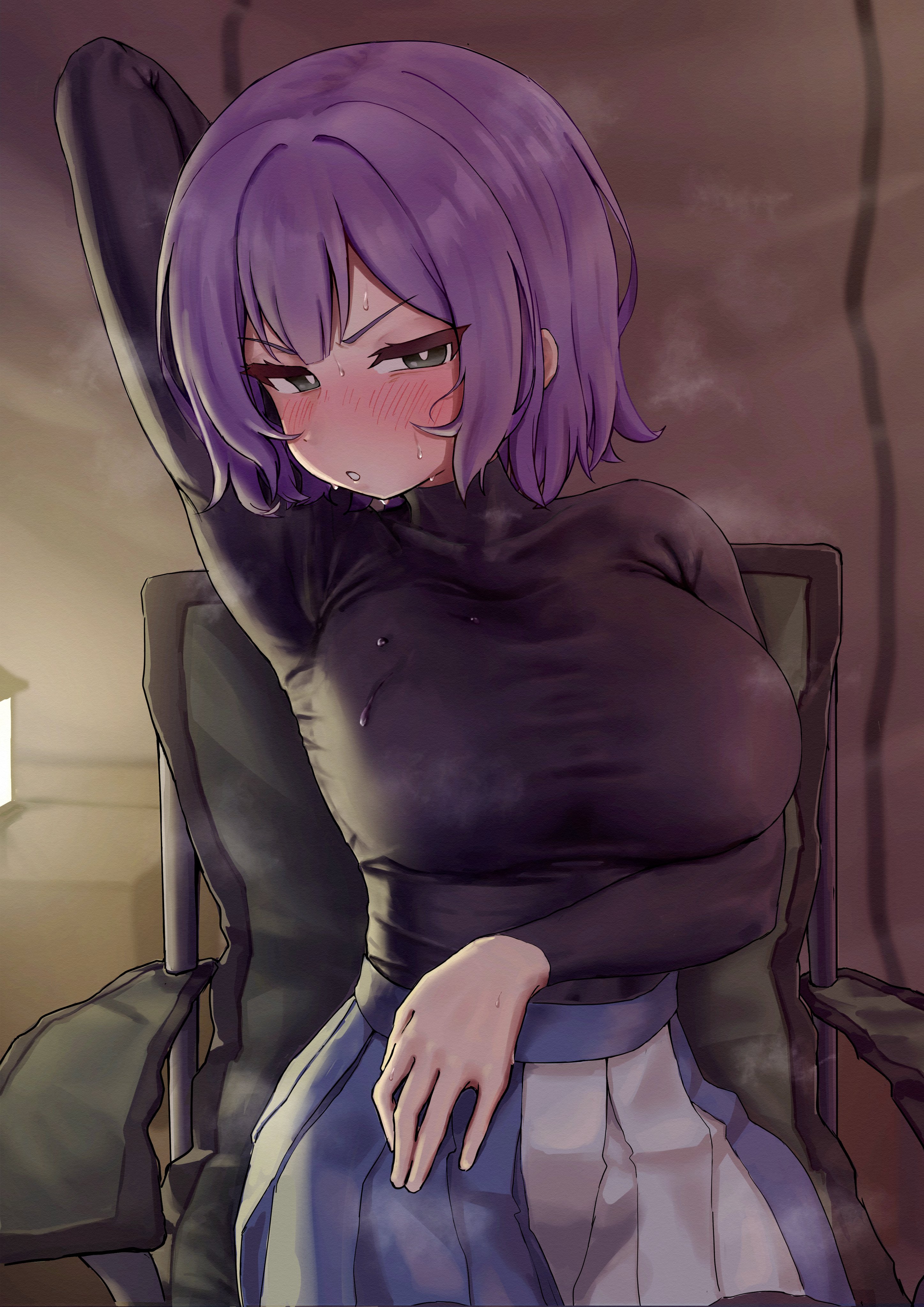 hanpen 845, saki (blue archive), blue archive, absurdres, highres, 1girl, black eyes, black shirt, blue skirt, blush, breasts, large breasts, looking at viewer, purple hair, shirt, short hair, sitting, skirt, solo, sweat, two-tone skirt, white skirt