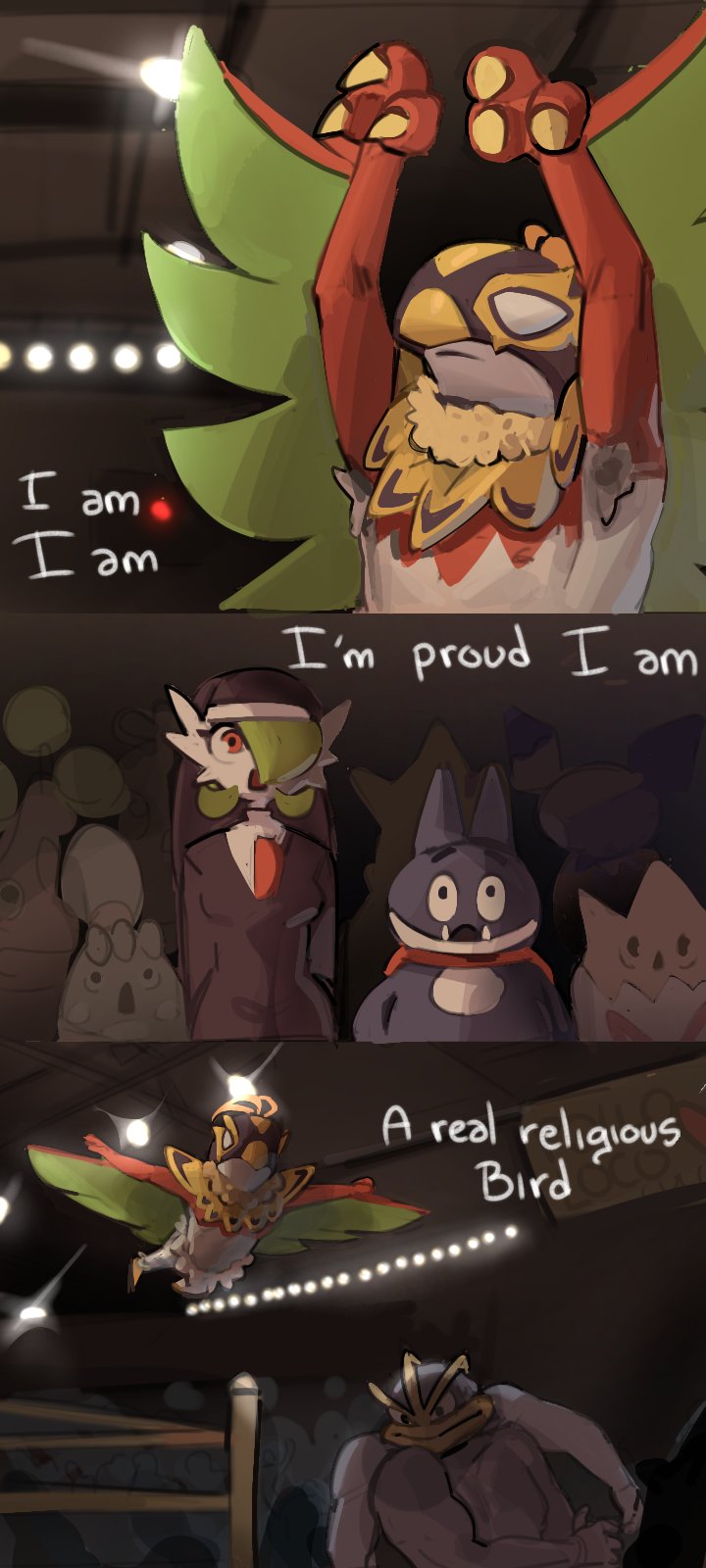 bdsans, bonsly, gardevoir, happiny, hawlucha, igglybuff, machamp, mega hawlucha, munchlax, pichu, togepi, tyrogue, nacho libre, pokemon, 1girl, 2boys, 3koma, arms at sides, arms up, bird boy, black dress, black eyes, black veil, bob cut, body fur, breasts, cape, claws, closed mouth, clothed pokemon, comic, dress, english text, extra arms, fangs, gen 1 pokemon, gen 2 pokemon, gen 3 pokemon, gen 4 pokemon, gen 6 pokemon, green hair, hair over one eye, indoors, jumping, long sleeves, looking up, luchador mask, mega pokemon, multiple boys, multiple views, muscular, muscular male, neck fur, nun, one eye covered, open mouth, outstretched arms, red cape, red eyes, red fur, short hair, small breasts, spread arms, surprised, two-tone fur, veil, white fur, winged arms, wings, wrestling ring