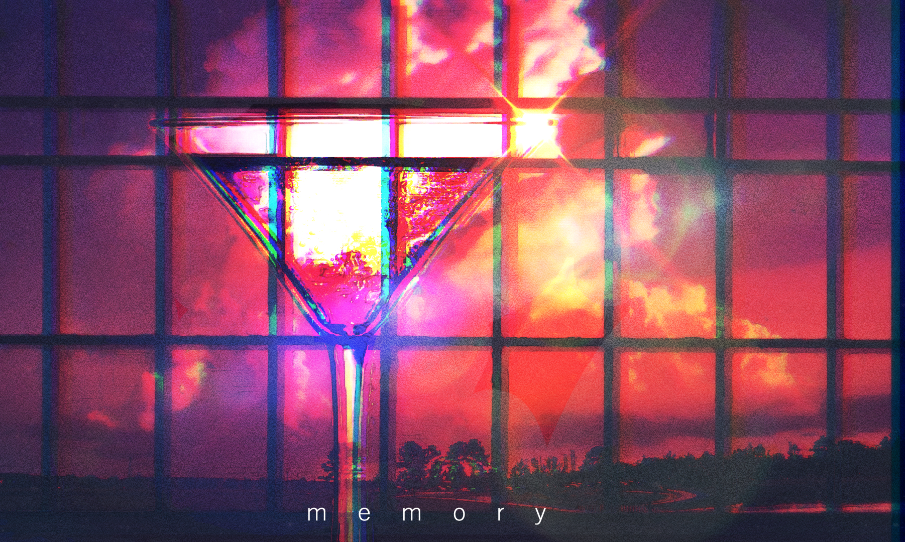 kinoko no sato, original, commentary, english commentary, highres, chromatic aberration, cloud, cloudy sky, cocktail glass, cup, drinking glass, english text, indoors, no humans, orange clouds, sky, sunset, window