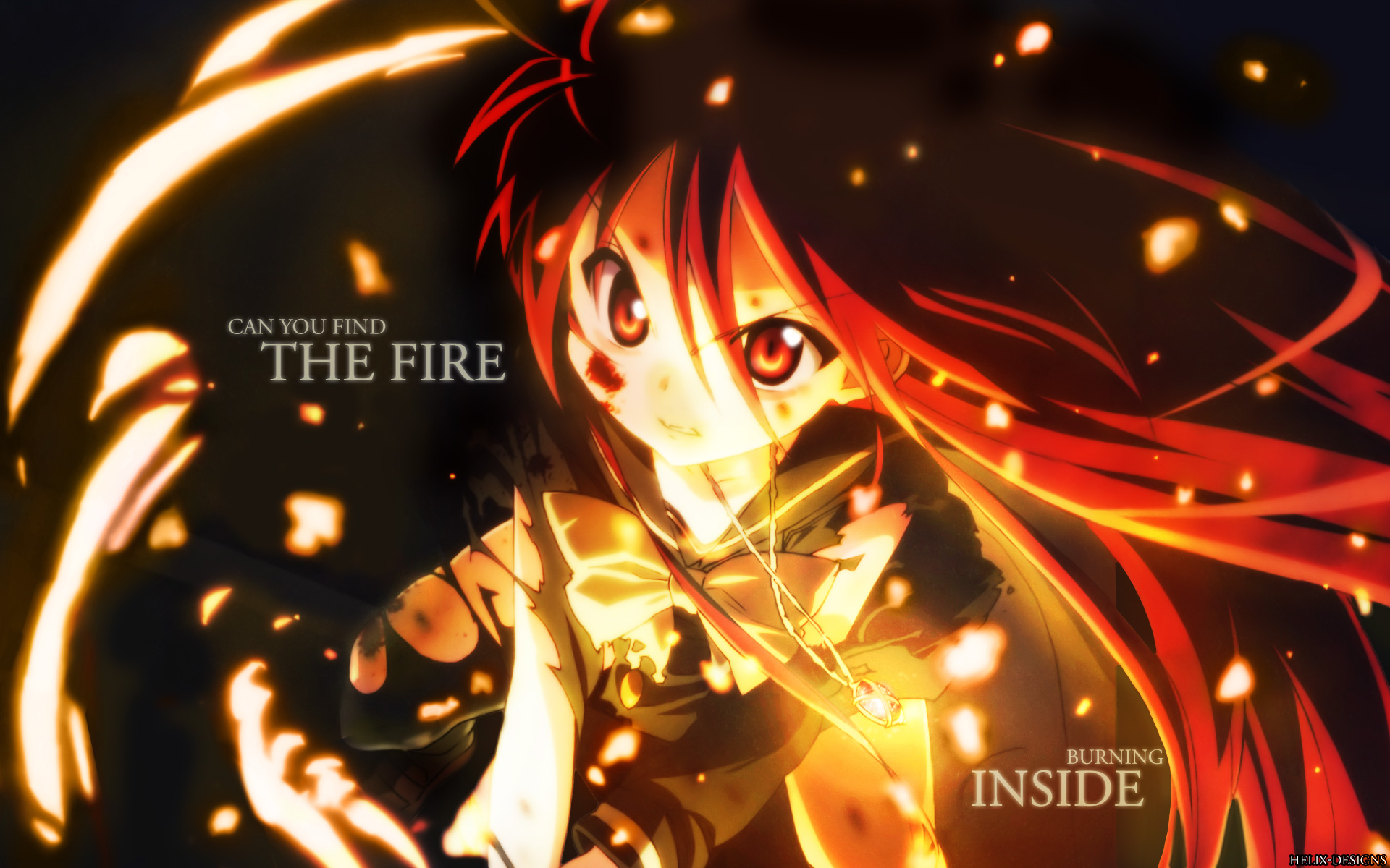 shana, shakugan no shana, highres, 00s, fire, jewelry, long hair, necklace, red eyes, red hair, school uniform, serafuku, torn clothes