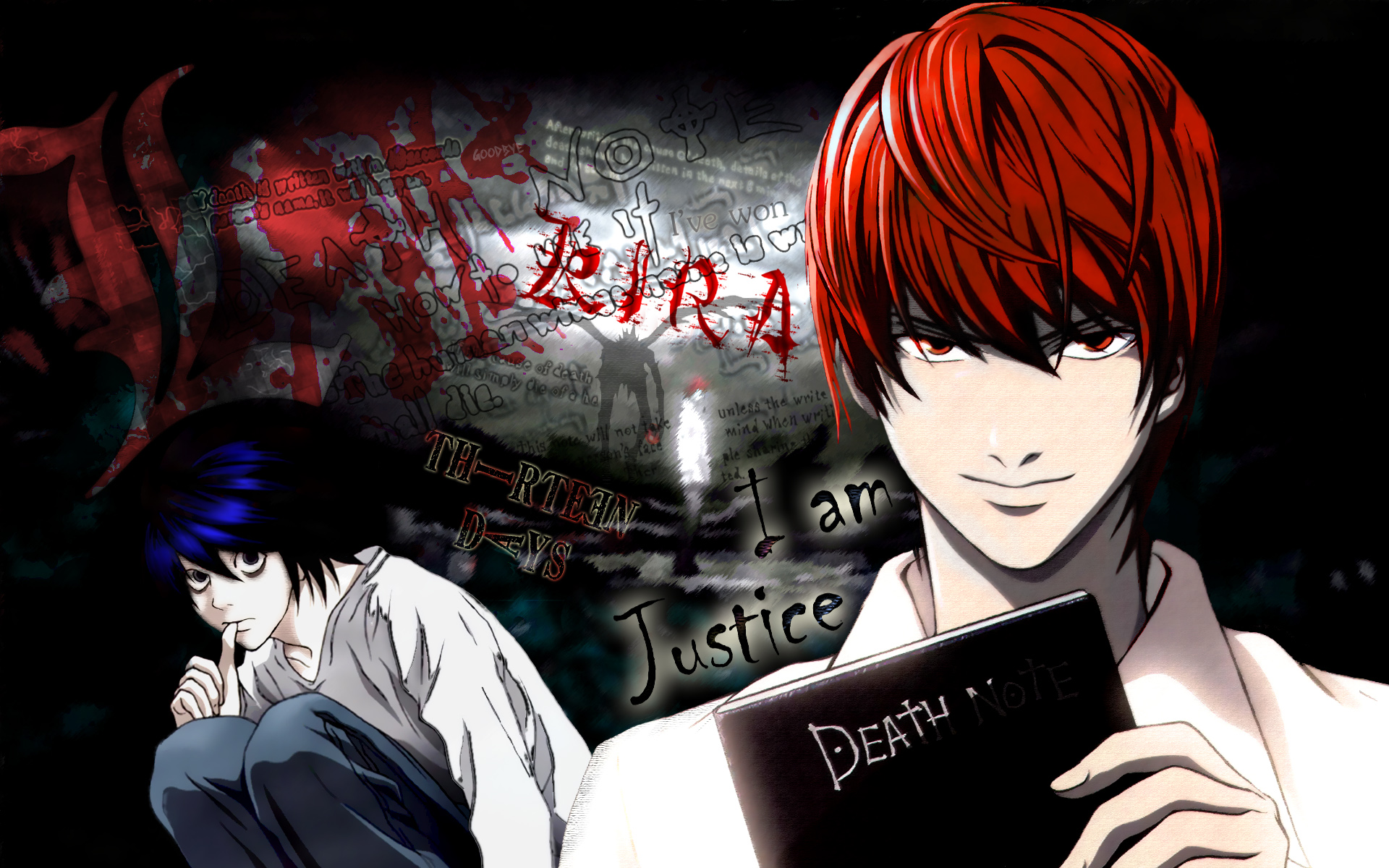 l (death note), yagami light, death note, finger in mouth, highres, 00s, black hair, book, brown eyes, brown hair, smile