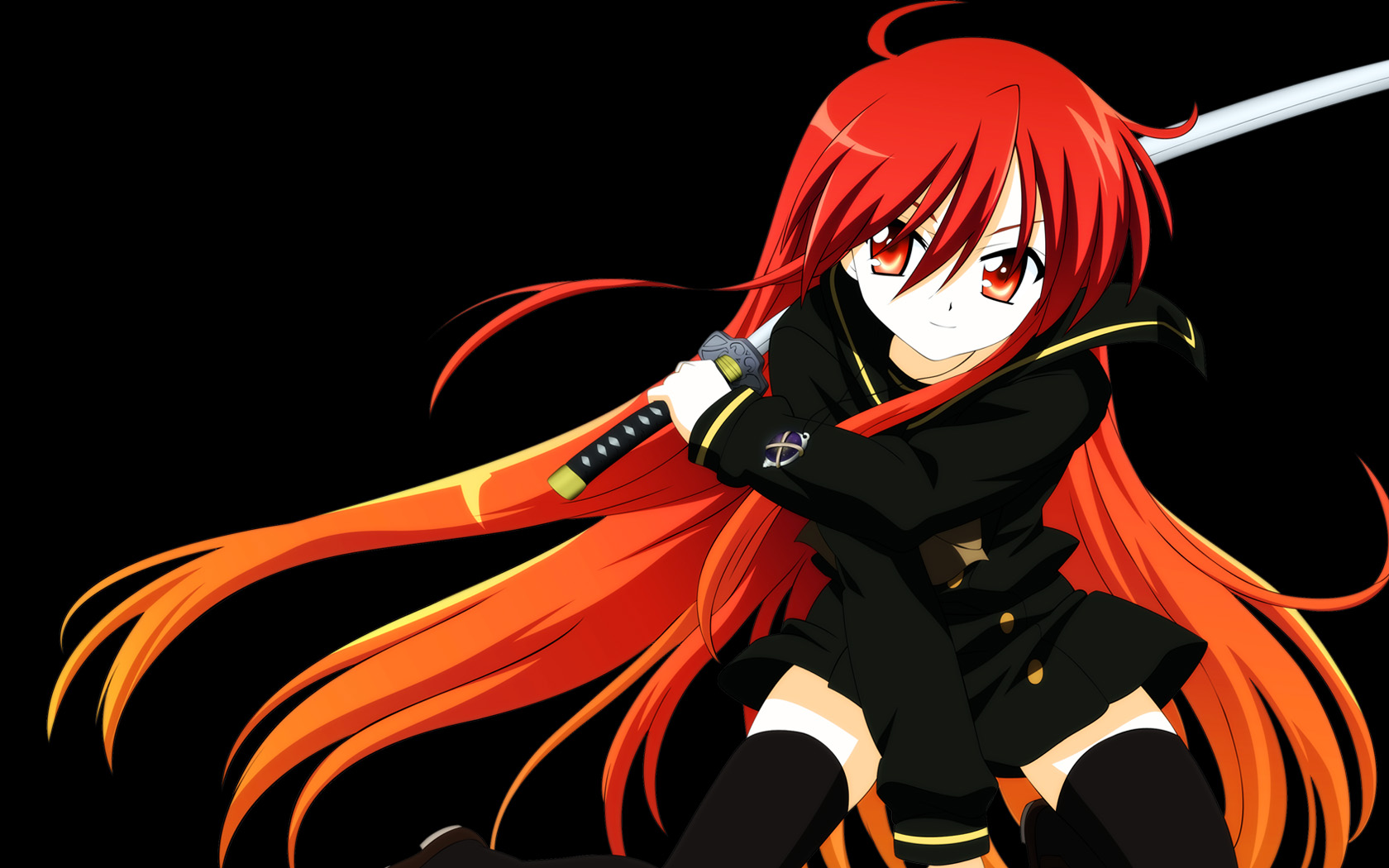 shana, shakugan no shana, highres, 00s, katana, long hair, red eyes, red hair, school uniform, serafuku, smile, sword, thighhighs, weapon, zettai ryouiki
