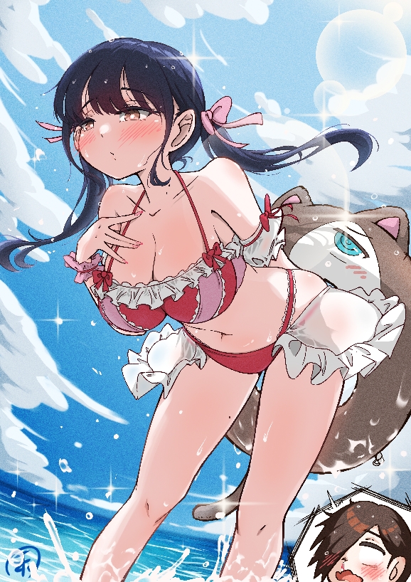 nogitarou, ichikawa kyoutarou, yamada anna, boku no kokoro no yabai yatsu, 1boy, 1girl, bikini, black hair, blood, blue sky, brown eyes, cloud, day, feet out of frame, frilled bikini, frills, horizon, lens flare, nosebleed, ocean, official alternate costume, outdoors, red bikini, sky, solo focus, swimsuit, twintails, wading