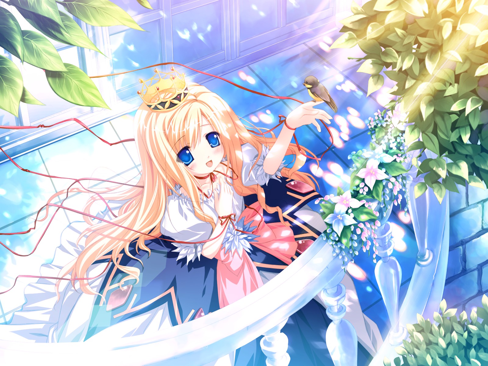 chikotam, arietta (lyrical lyric), lyrical ds, lyrical lyric, marmalade (company), game cg, highres, 1girl, balcony, bird, bird on hand, blonde hair, blue eyes, blush, crown, dress, female focus, flower, hat, long hair, open mouth, ribbon, smile, solo