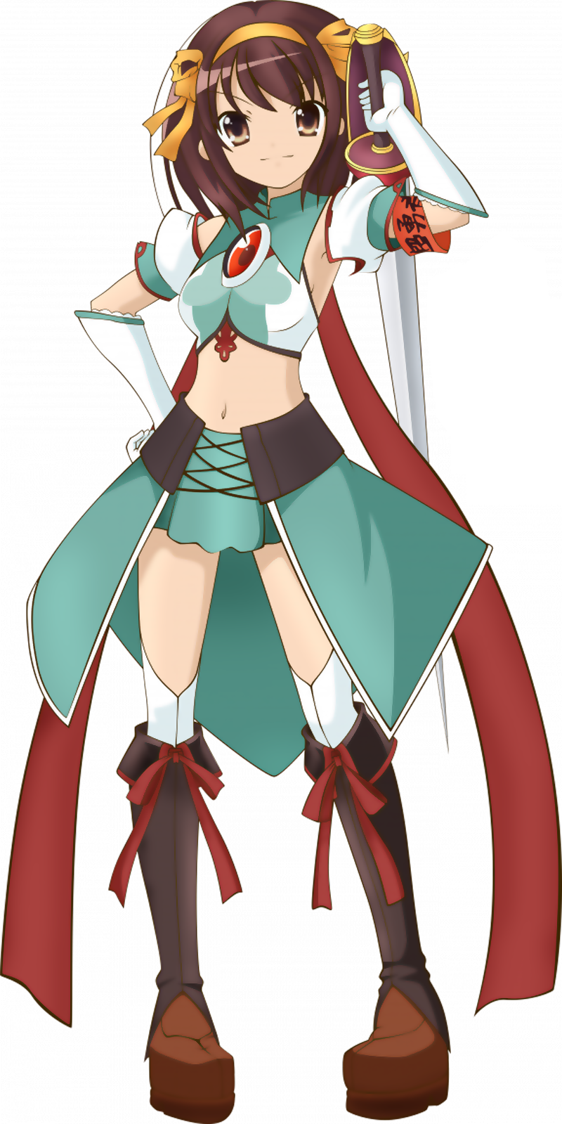 superheroine haruhi, suzumiya haruhi, suzumiya haruhi no tomadoi, suzumiya haruhi no yuuutsu, highres, 1girl, armband, boots, cosplay, female focus, gloves, midriff, short hair, solo, sword, transparent background, weapon