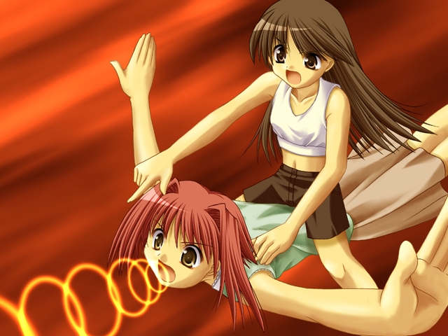 hagure keg, amanuma aoba, hasunuma haruno, trois, game cg, 2girls, black shorts, breasts, brown eyes, brown hair, brown skirt, collarbone, flying, green shirt, long hair, midriff, multiple girls, navel, open mouth, pointing, red background, red hair, riding, shirt, short hair, shorts, skirt, sleeveless, sleeveless shirt, small breasts, sound wave, tank top, what, white shirt