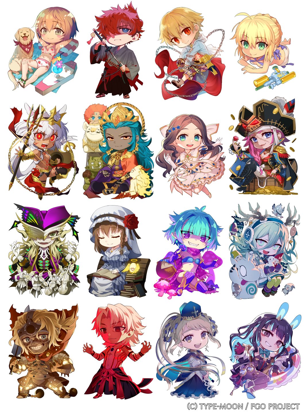 meiji ken, artoria pendragon (fate), artoria pendragon (swimsuit archer) (fate), artoria pendragon (swimsuit archer) (first ascension) (fate), ashoka (fate), caenis (fate), caenis (third ascension) (fate), charlotte corday (fate), child gilgamesh (fate), efreet (fate), francis drake (fate), francis drake (third ascension) (fate), gareth (fate), gareth (swimsuit saber) (second ascension) (fate), gilgamesh (fate), grigori rasputin (fate), grigori rasputin (third ascension) (fate), johanna (fate), johanna (third ascension) (fate), kotomine kirei, leonardo da vinci (fate), leonardo da vinci (fate/grand order), leonardo da vinci (rider) (fate), leonardo da vinci (rider) (third ascension) (fate), locusta (fate), louhi (fate), louhi (second ascension) (fate), miyamoto iori (fate), spartacus (fate), tenochtitlan (fate), tenochtitlan (swimsuit mooncancer) (third ascension) (fate), wolfgang amadeus mozart (fate), fate/grand order, fate (series), gareth (swimsuit saber) (fate), tenochtitlan (swimsuit mooncancer) (fate), commentary request, highres, official art, 6+boys, 6+girls, ahoge, aned (fate), animal ears, antlers, antlers through headwear, aqua eyes, aqua hair, armlet, armor, armored boots, arms behind head, ashoka (third ascension) (fate), ball and chain restraint, bandeau, basket, bikini, bird, black bikini, black boots, black coat, black gloves, black hair, black hakama, black hat, black leotard, black skirt, black thighhighs, blonde hair, blue bandeau, blue cape, blue eyes, blue hair, blue hairband, blue hat, blue scarf, blunt bangs, body markings, book, book stack, boots, bow, bowtie, bracelet, braid, braided hair rings, bright pupils, broken mask, brown boots, brown hair, bun with braided base, cape, capri pants, cargo pants, cello, chain, charlotte corday (final ascension) (fate), chest harness, chibi, chibi only, child gilgamesh (third ascension) (fate), cleft chin, closed eyes, closed mouth, coat, coin, colored inner hair, company name, copyright name, copyright notice, cross, cross earrings, crown, cup, dark-skinned female, dark-skinned male, dark skin, detached sleeves, dog, dress, drink, drinking glass, earmuffs, earrings, elbow gloves, empty eyes, enkidu (weapon) (fate), flower, food print, fruit print, gauntlets, gem, gloves, gold armor, gold coin, green bow, green bowtie, green eyes, green pantyhose, grey dress, grey eyes, grey hair, grey kimono, grey pantyhose, grin, hair between eyes, hair bow, hair intakes, hair ornament, hair over one eye, hair over shoulder, hair rings, hair slicked back, hairband, hakama, hakama pants, halterneck, harness, hat, hat feather, hat flower, headpiece, high heels, holding, holding mushroom, holding polearm, holding shield, holding snowman, holding sword, holding weapon, horns, horse ears, indian clothes, innertube, instrument, jacket, japanese clothes, jewelry, juliet sleeves, katana, kimono, leotard, locusta (final ascension) (fate), long hair, long sleeves, looking ahead, looking at viewer, low-tied long hair, low ponytail, lying, mask, medium hair, mini snowman, mitre, multicolored hair, multiple boys, multiple girls, mushroom, mysterious mask (fate), necklace, off shoulder, on one knee, on side, on stomach, open book, open clothes, open jacket, open mouth, orange eyes, own hands together, pants, pantyhose, parted hair, pink hair, pirate hat, poco grande glass, polearm, ponytail, print bikini, puff and slash sleeves, puffy short sleeves, puffy sleeves, purple eyes, purple hat, purple pupils, purple robe, purple scarf, purple thighhighs, rabbit ears, red cape, red coat, red eyes, red flower, red gemstone, red hair, red rose, robe, rose, sandals, scar, scar on face, scarf, sharp teeth, shield, shoes, short hair, short sleeves, side braid, simple background, single braid, sitting, skirt, smile, standing, star (symbol), star hair ornament, strawberry print, streaked hair, striped clothes, striped dress, swim ring, swimsuit, sword, teeth, thigh boots, thighhighs, tonttu (fate), topknot, topless male, treasure chest, trident, two-tone hair, upper teeth only, vertical-striped clothes, vertical-striped dress, violin, waist cape, water gun, weapon, white background, white bikini, white bow, white dress, white gloves, white hair, white hat, white jacket, white pants, white pupils, white shoes, white wrist cuffs, wrist cuffs, zouri