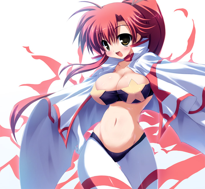 takeponi, space yoko, yoko littner, tengen toppa gurren lagann, 00s, 1girl, blush, breasts, cape, cleavage, female focus, large breasts, long hair, midriff, navel, ponytail, red hair, smile, solo, star (symbol), thigh gap, wide hips, yellow eyes