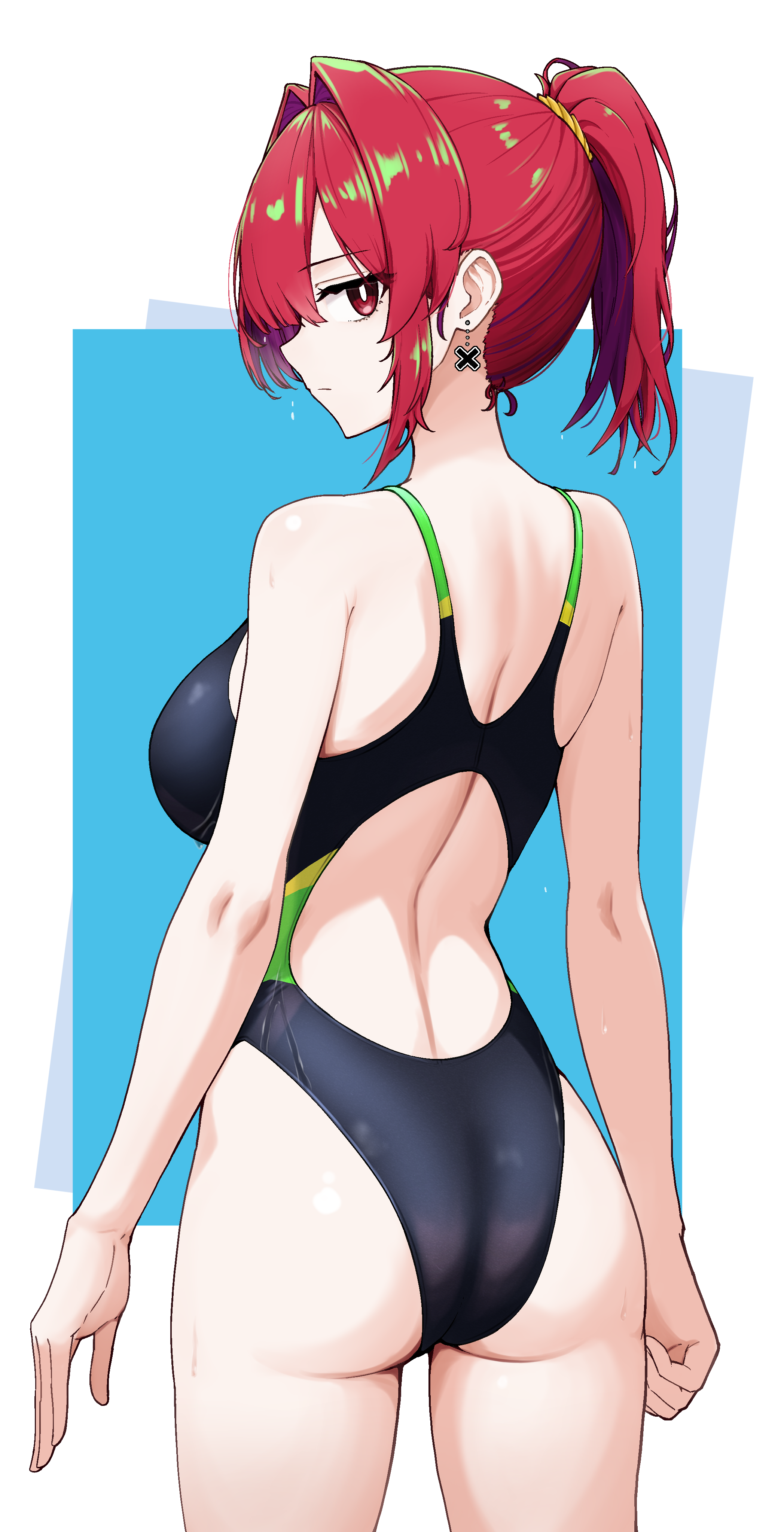 akasha (v0id saga), original, absurdres, commentary request, commission, highres, skeb commission, 1girl, ass, black one-piece swimsuit, blue background, breasts, competition swimsuit, earrings, facing away, from behind, hair intakes, highleg, highleg one-piece swimsuit, jewelry, looking at viewer, looking back, medium breasts, one-piece swimsuit, ponytail, red eyes, red hair, solo, standing, star (symbol), star earrings, swimsuit