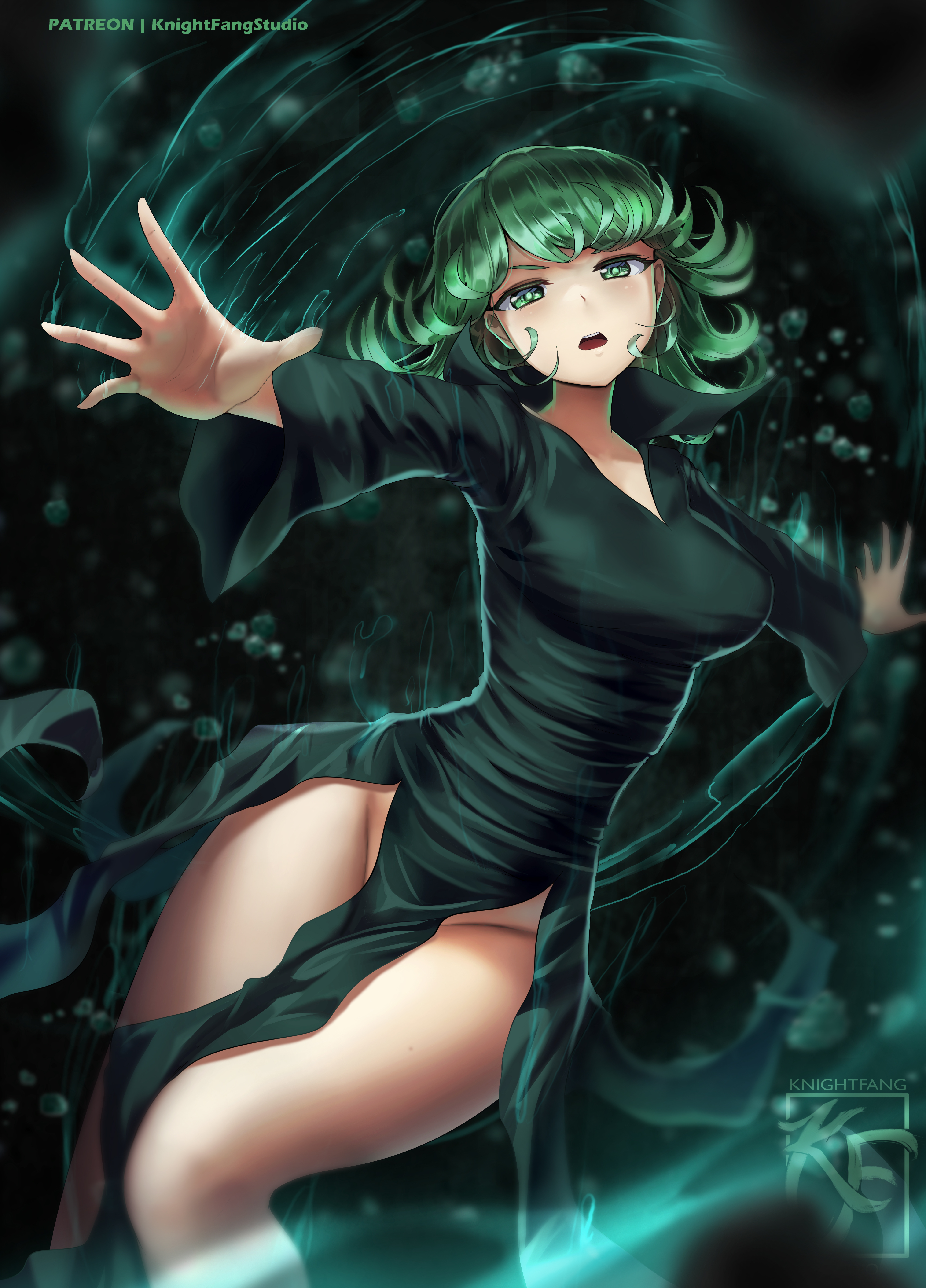knightfang, tatsumaki, one-punch man, absurdres, highres, 1girl, black background, black dress, breasts, collared dress, curly hair, dress, floating, green background, green eyes, green hair, groin, looking at viewer, medium breasts, open hands, open mouth, outstretched arms, pelvic curtain, popped collar, short hair, side slit, solo, taut clothes, taut dress, thighs, tight clothes, tight dress, v-shaped eyebrows