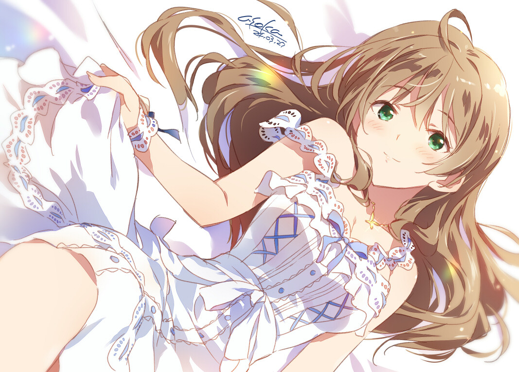 asoka, sakuramori kaori, idolmaster, idolmaster million live!, idolmaster million live! theater days, commentary request, 1girl, ahoge, blush, breasts, brown hair, cleavage, closed mouth, dated, dress, green eyes, jewelry, long hair, looking at viewer, lying, necklace, official alternate costume, official alternate hairstyle, on back, pure onepiece (idolmaster), signature, sleeveless, sleeveless dress, smile, solo, strap slip, sundress, white dress