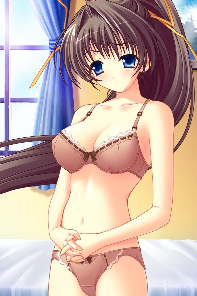 kimizuka aoi, saetta (ne~pon? x rai pon!), ne~pon? x rai pon!, highres, 1girl, bed, bedroom, blue eyes, blush, bow, bow bra, bow panties, bra, breasts, brown bra, brown hair, brown panties, cleavage, collarbone, curtains, female focus, hair ribbon, large breasts, lingerie, long hair, looking at viewer, navel, panties, picture frame, ponytail, raised eyebrow, ribbon, solo, underwear, window, yellow ribbon