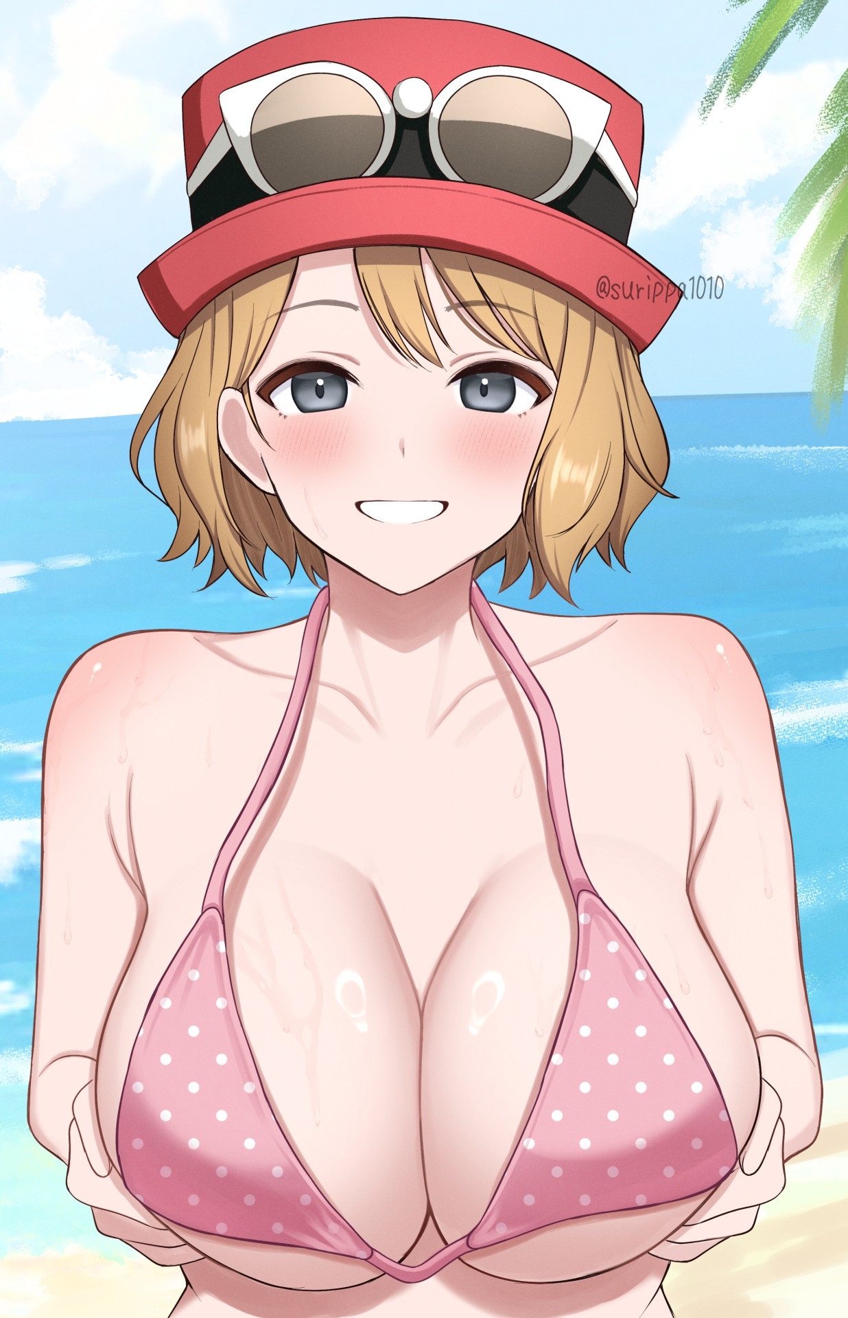surippa1010, serena (pokemon), nintendo, pokemon, pokemon (anime), pokemon xy (anime), commentary request, highres, 1girl, armpit crease, beach, bikini, blonde hair, blue sky, breasts, cleavage, cloud, collarbone, day, eyewear on headwear, grey eyes, grin, hat, large breasts, looking at viewer, ocean, outdoors, pink bikini, red hat, short hair, sky, smile, solo, sunglasses, swimsuit, upper body, white-framed eyewear