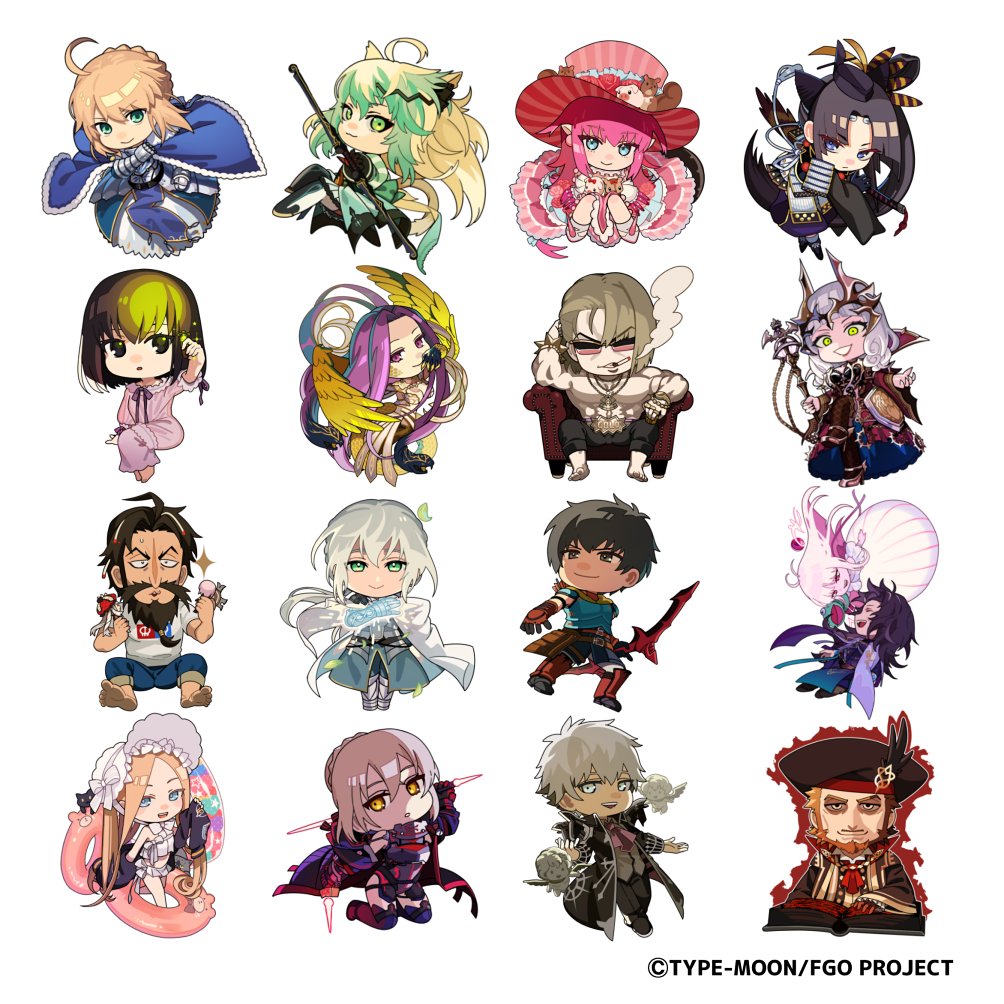 ororooops, abigail williams (fate), abigail williams (swimsuit foreigner) (third ascension) (fate), arash (fate), artoria pendragon (fate), atalanta (fate), atalanta (third ascension) (fate), bedivere (fate), bedivere (third ascension) (fate), carmilla (fate), charles-henri sanson (fate), edward teach (fate), edward teach (final ascension) (fate), elizabeth bathory (fate), elizabeth bathory (third ascension) (fate), gorgon (fate), gorgon (third ascension) (fate), kuonji alice, marie antoinette (fate), mash kyrielight, mash kyrielight (demi-servant), medusa (fate), mysterious heroine x alter (fate), mysterious heroine x alter (third ascension) (fate), oryou (fate), rider, saber (fate), sakamoto ryouma (fate), sakamoto ryouma (lancer) (third ascension) (fate), sakata kintoki (fate), super oryou (fate), ushiwakamaru (fate), ushiwakamaru (third ascension) (fate), william shakespeare (fate), fate/grand order, fate (series), abigail williams (swimsuit foreigner) (fate), commentary request, official art, 6+boys, 6+girls, ahoge, aiming, animal ears, armchair, armor, armored boots, armored dress, armored leotard, arrow (projectile), ascot, barefoot, beard, bikini, bikini skirt, black cat, black coat, black eyes, black hair, black hat, black jacket, black pants, black sleeves, black thighhighs, blonde hair, blue boots, blue cape, blue coat, blue dress, blue eyes, blue pants, blunt bangs, bonnet, book, boots, bow, bow (weapon), bracelet, breastplate, brown gloves, brown hair, bun with braided base, bustier, cape, cat, cat ears, cat girl, cat tail, chair, character doll, cherub, chibi, chibi only, cigarette, claws, closed eyes, closed mouth, coat, company name, copyright name, copyright notice, cross calibur (fate), denim, doll, dragon girl, dragon tail, dress, dual wielding, earrings, energy sword, facial hair, faulds, feather hair ornament, feathers, fur-trimmed cape, fur trim, gauntlets, gloves, gold belt, gold bracelet, gold ring, gold shoes, gorget, green dress, green eyes, green hair, green pants, green skirt, grey eyes, grey hair, grey leotard, hair between eyes, hair bun, hair ornament, hand puppet, hand up, hat, hat feather, high heels, holding, holding bow (weapon), holding doll, holding staff, holding unworn clothes, holding weapon, innertube, jacket, japanese armor, jeans, jewelry, katana, kneeling, kusazuri, leotard, long sleeves, looking ahead, looking at another, looking at viewer, mouth hold, multicolored hair, multiple boys, multiple girls, mustache, necklace, nightgown, on chair, open book, open clothes, open jacket, open mouth, pants, parted bangs, parted hair, parted lips, pig, pink-tinted eyewear, pink dress, pink eyes, pink hair, pink hat, pointy ears, prosthesis, prosthetic arm, puppet, purple ascot, purple dress, purple eyes, purple hair, quiver, red ascot, red dress, scales, shirt, shoes, short hair, short sleeves, shoulder armor, side ponytail, simple background, single hair bun, sitting, skirt, smile, smoke, smoke trail, smoking, snake hair, snake tail, sode, spiked bracelet, spikes, squirrel, staff, standing, strapless, strapless bikini, striped clothes, striped headwear, sunglasses, swim ring, swimsuit, sword, t-shirt, tail, tate eboshi, teeth, thigh boots, thighhighs, tinted eyewear, topless male, two-tone hair, unworn jacket, upper teeth only, vertical-striped clothes, vertical-striped headwear, weapon, white background, white bikini, white bonnet, white bow, white cape, white dress, white hair, white shirt, william shakespeare (third ascension) (fate), yellow eyes, yellow wings