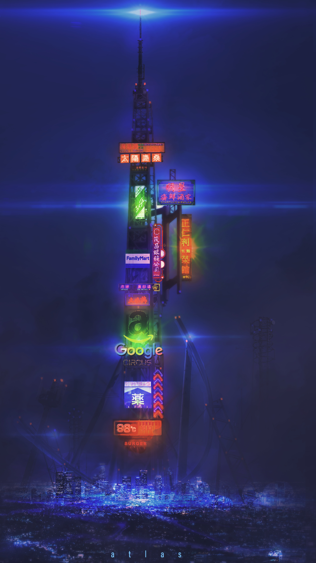 kinoko no sato, amazon (company), familymart, google, original, commentary, english commentary, highres, translation request, ad, city, english text, night, no humans, outdoors, scenery, science fiction, sign, skyline, tower