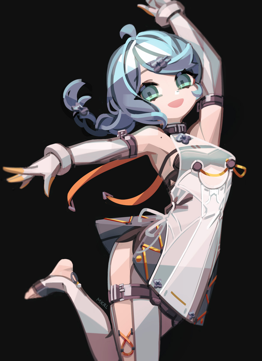 makaroll, seed (zenless zone zero), zenless zone zero, toeless socks, highres, 1girl, accessories, arm up, black background, blue eyes, blue hair, clothing cutout, crazy smile, detached sleeves, flower, formal clothes, gloves, hair ornament, hairpin, latex pants, leg up, looking at viewer, mole, mole on shoulder, open mouth, see-through dress layer, smile, solo, suit, thigh cutout, white gloves, white suit