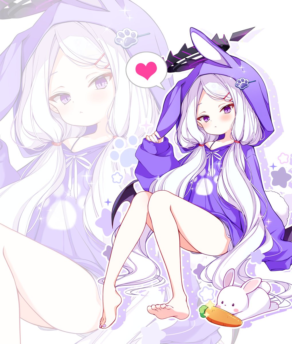 subin (subin 2011), hina (blue archive), blue archive, commentary request, highres, 1girl, alternate costume, alternate hairstyle, animal ears, animal hood, ass, bare legs, barefoot, black halo, demon girl, demon wings, fake animal ears, fake tail, forehead, hair ornament, hair tubes, hairclip, halo, head tilt, heart, hood, hooded sweater, knees together feet apart, knees up, long hair, long sleeves, looking at viewer, low twintails, multicolored halo, parted bangs, paw print, print sweater, purple eyes, purple shorts, purple sweater, rabbit ears, rabbit hood, rabbit tail, short shorts, shorts, sidelocks, simple background, sitting, solo, spaghetti strap, spoken heart, stuffed animal, stuffed rabbit, stuffed toy, sweater, tail, toes, twintails, two-tone halo, wavy hair, white hair, wings, zoom layer