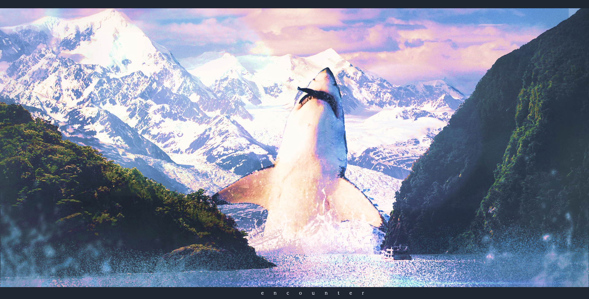 kinoko no sato, original, commentary, english commentary, highres, animal, boat, cloud, english text, fjord, forest, great white shark, letterboxed, mountain, nature, no humans, outdoors, oversized animal, photorealistic, predation, realistic, scenery, shark, splashing, water, watercraft
