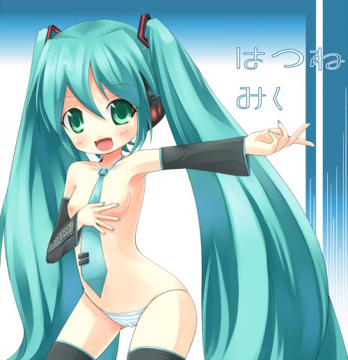 kuro (be ok), hatsune miku, vocaloid, vocaloid2, translated, 1girl, aged down, aqua eyes, aqua hair, armpits, black thighhighs, breasts, detached sleeves, fangs, female focus, headphones, loli, long hair, lowleg, lowleg panties, necktie, nipples, panties, small breasts, solo, striped clothes, striped panties, thighhighs, topless female, twintails, underwear, underwear only, very long hair