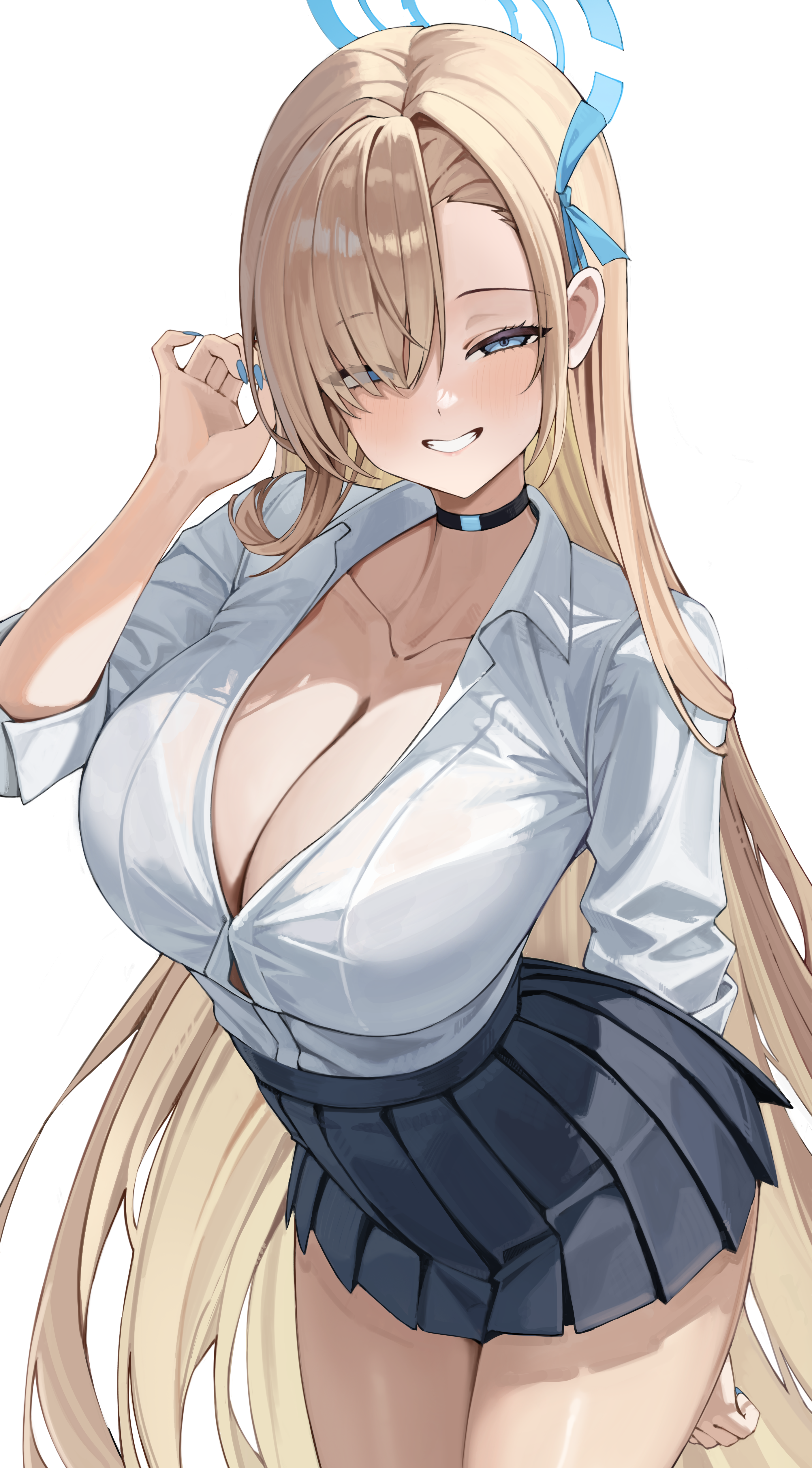 akamin435, asuna (blue archive), asuna (school uniform) (blue archive), blue archive, absurdres, commentary, english commentary, highres, 1girl, absurdly long hair, arm behind back, black choker, black skirt, blonde hair, blue eyes, blue halo, blue nails, breasts, button gap, choker, cleavage, collarbone, grin, halo, hand up, huge breasts, long hair, looking at viewer, miniskirt, pleated skirt, shirt, shirt tucked in, simple background, skirt, smile, solo, thighs, very long hair, white background, white shirt