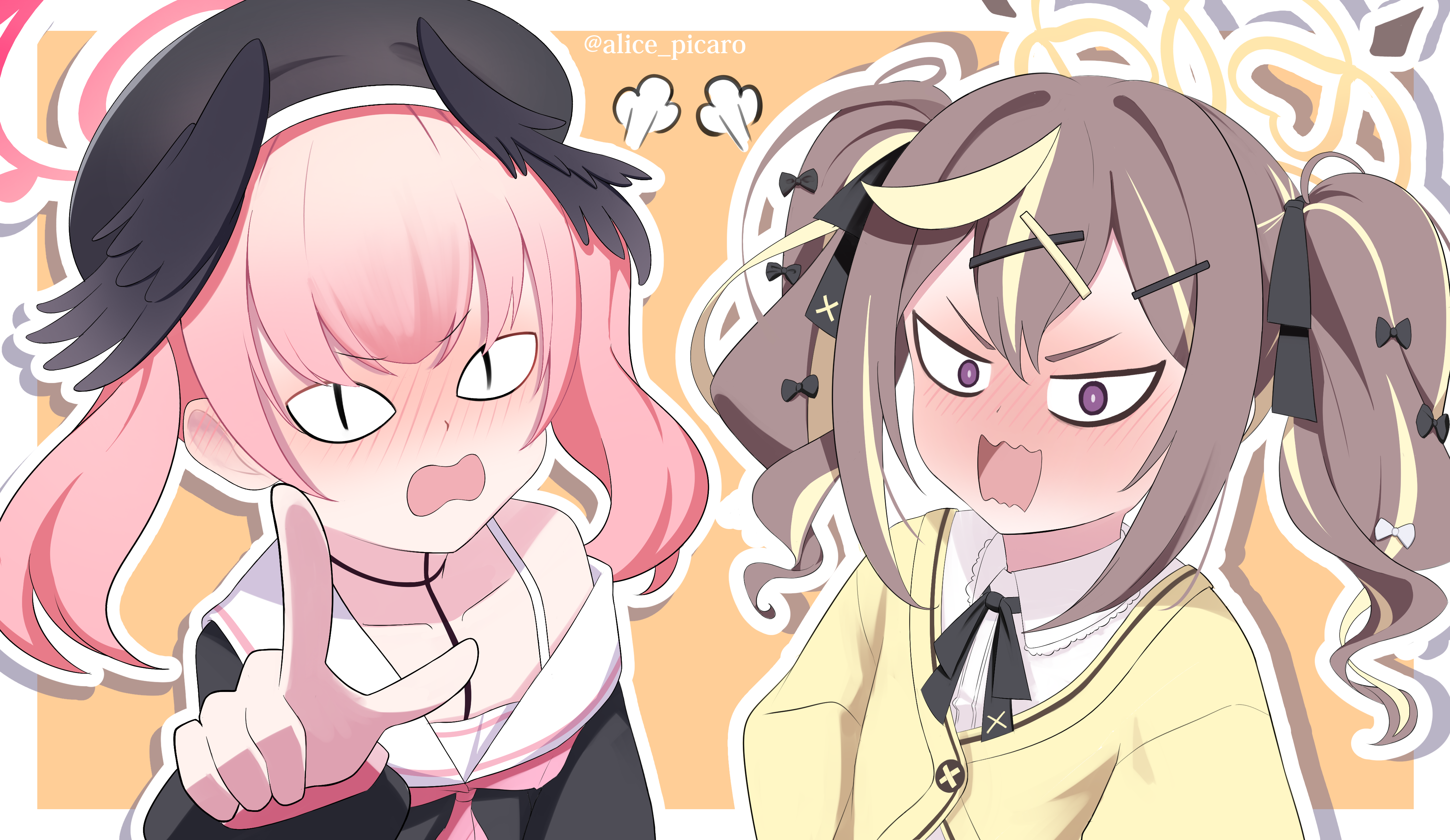 alice picaro, koharu (blue archive), rena (blue archive), blue archive, absurdres, commentary request, highres, <o> <o>, <|> <|>, 2girls, black bow, black bowtie, black choker, black serafuku, black wings, blush, bow, bowtie, brown hair, buttons, cardigan, choker, collarbone, collared shirt, feathered wings, full-face blush, hair between eyes, hair bow, hair ornament, halo, hat, head wings, long hair, long sleeves, looking at viewer, multicolored hair, multiple girls, neckerchief, pink hair, pink halo, pink neckerchief, pointing, pointing at viewer, purple eyes, sailor collar, school hat, school uniform, serafuku, shirt, shirt under sweater, sidelocks, simple background, streaked hair, trait connection, twintails, two-tone hair, upper body, white sailor collar, white shirt, wings, x hair ornament, yellow cardigan, yellow halo