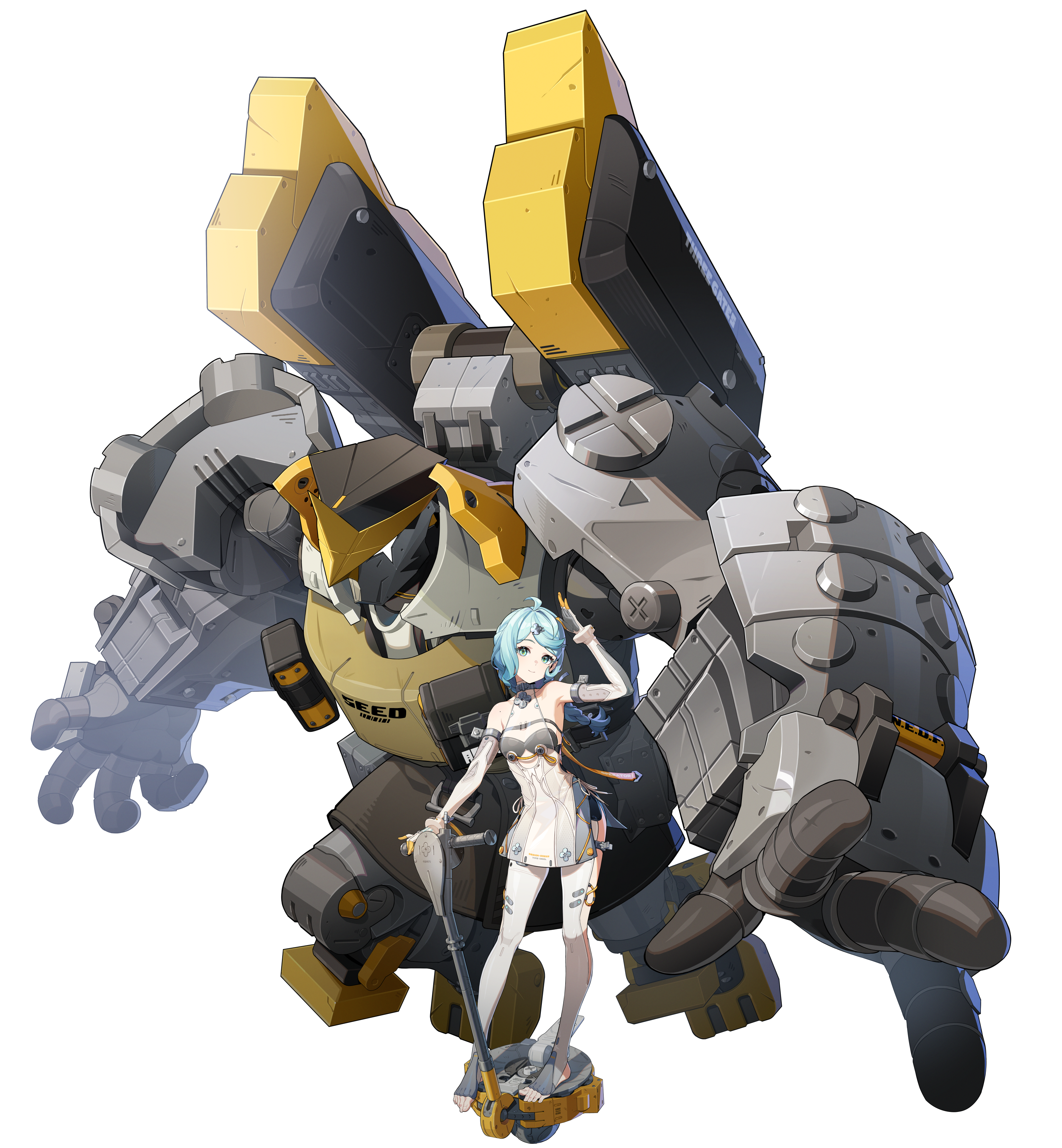 seed (zenless zone zero), seed sr., zenless zone zero, absurdres, bad source, highres, official art, 1girl, 1other, aqua eyes, bare shoulders, blue hair, breasts, closed mouth, clothing cutout, elbow gloves, full body, gloves, hand up, long hair, looking at viewer, mecha, mole, no shoes, robot, salute, small breasts, smile, standing, stirrup legwear, toeless legwear, toes, transparent background, white gloves