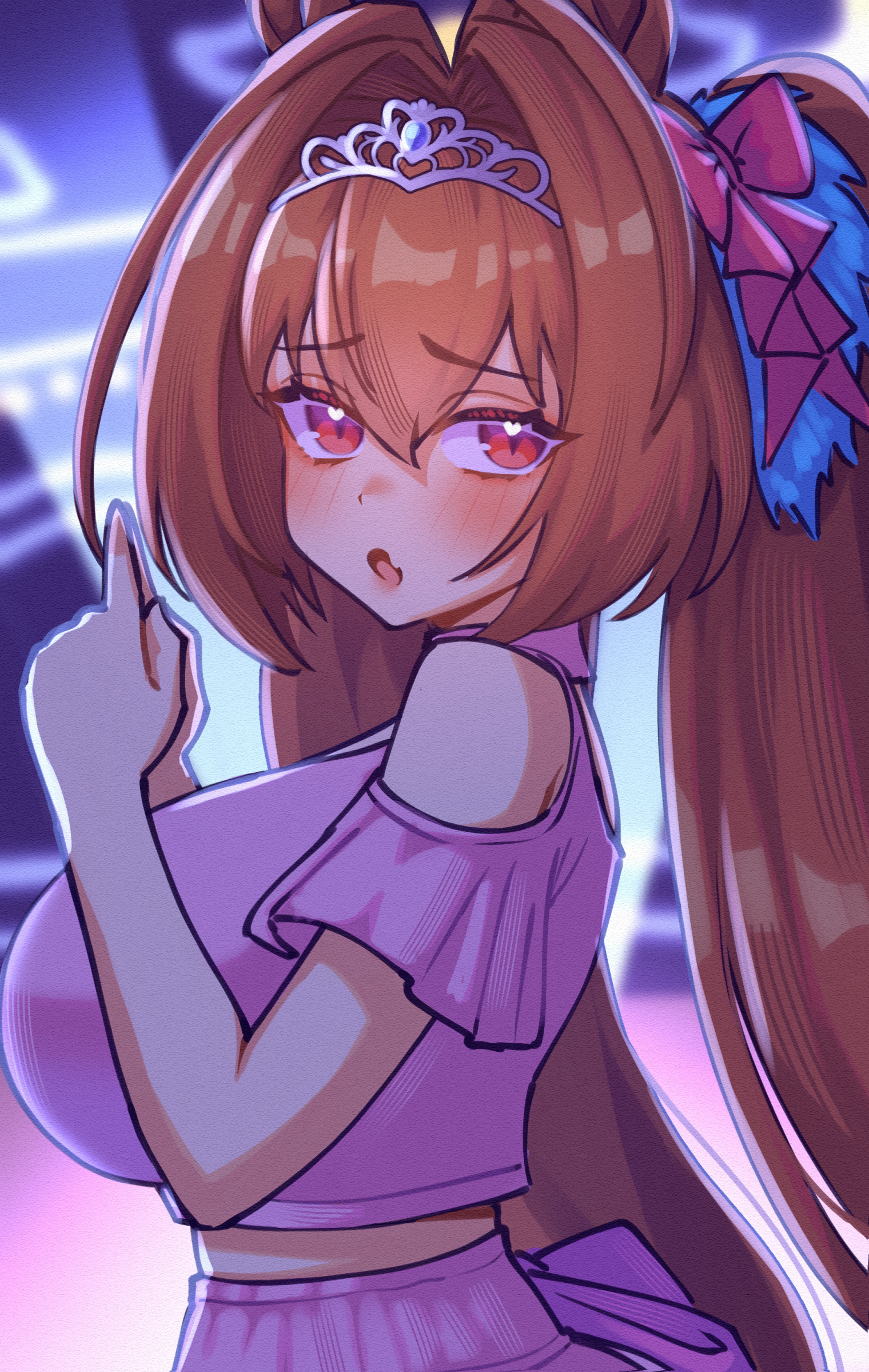 sher (imnotsher), daiwa scarlet (umamusume), umamusume, absurdres, commentary, highres, 1girl, animal ears, antennae, bare shoulders, blush, breasts, brown hair, clothing cutout, crop top, fang, from side, hair between eyes, hair intakes, horse ears, horse girl, large breasts, long hair, looking at viewer, meni shuki rush-sshu!, midriff, open mouth, pink shirt, red eyes, shirt, shoulder cutout, skin fang, solo, tiara, twintails, upper body, very long hair