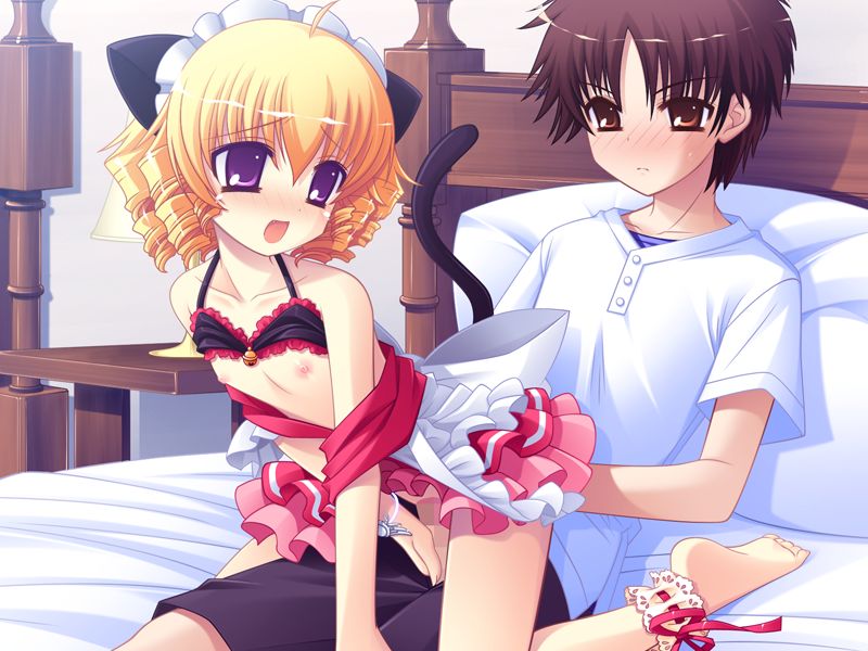 tsunomiya shizuku, tsunagaru bangle, windmill (company), 1boy, 1girl, bed, bell, blonde hair, blue eyes, blush, bra, breasts, breasts out, brown eyes, brown hair, censored, clothed sex, clothes pull, feet, frown, girl on top, guided penetration, hetero, indoors, loli, lying, nipples, on back, on bed, open mouth, penis, pillow, pussy, sex, shirt, shirt pull, skirt, small breasts, smile, tail, underwear
