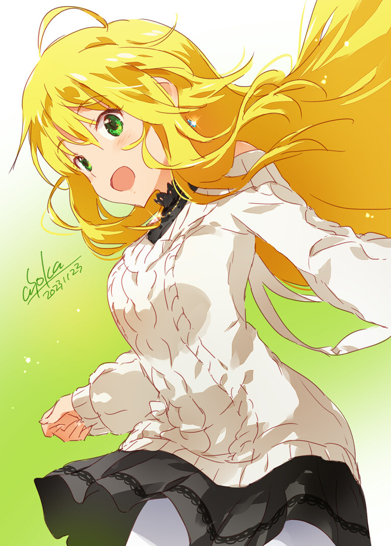 asoka, hoshii miki, idolmaster, idolmaster (classic), idolmaster million live!, idolmaster million live! theater days, commentary request, 1girl, ahoge, black skirt, blonde hair, blush, dated, earrings, glint, gradient background, green eyes, hair between eyes, jewelry, long hair, long sleeves, necklace, open mouth, pantyhose, signature, skirt, smile, solo, sweater, white pantyhose, white sweater