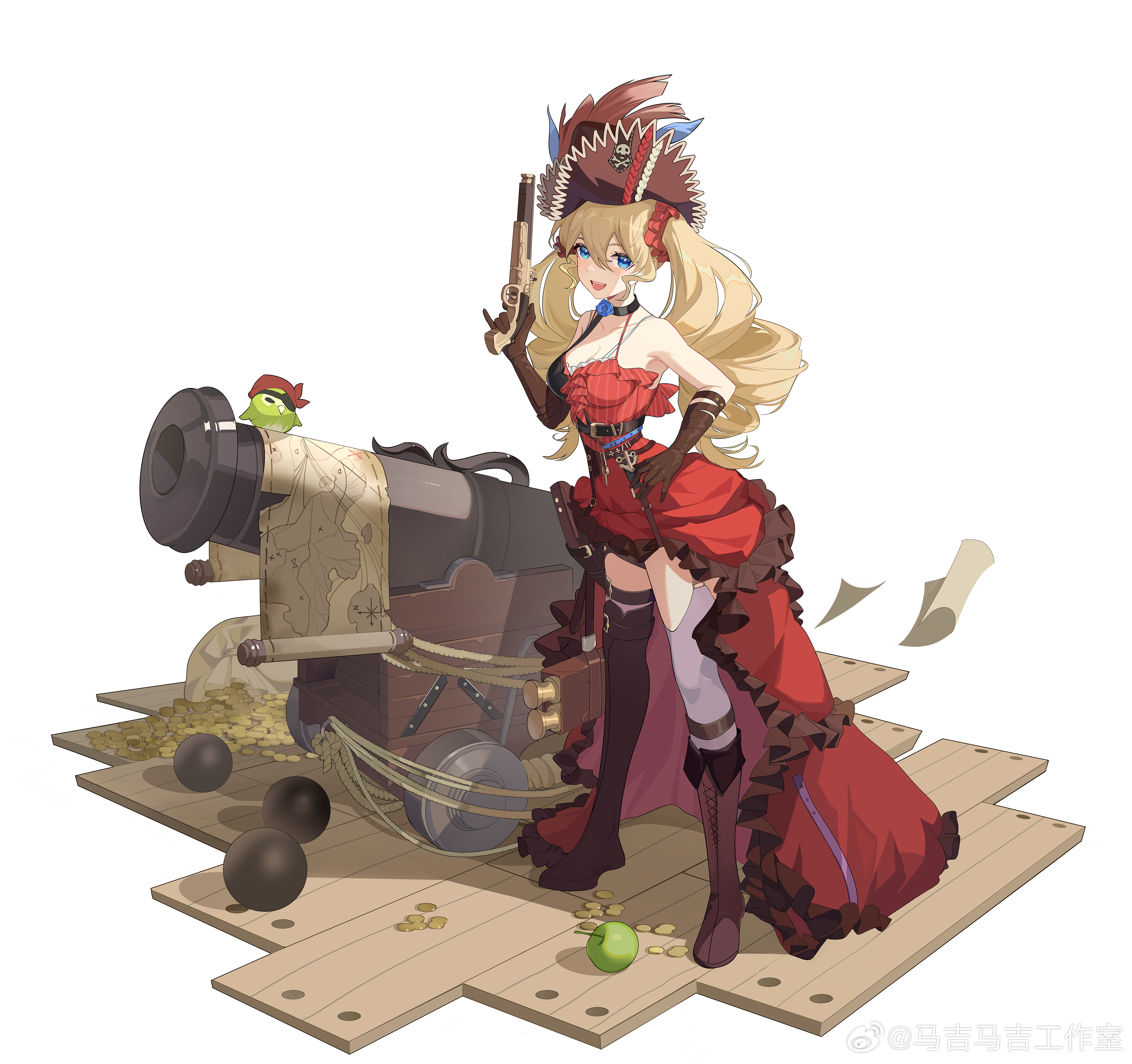 majimaji studio, higan: eruthyll, absurdres, chinese commentary, highres, official art, 1girl, :d, alternate costume, anchor ornament, anchor symbol, animal, antique cannon, antique firearm, apple, asymmetrical footwear, bag, bare shoulders, belt, bicorne, bird, black belt, black choker, blonde hair, blue eyes, blue flower, blue rose, boots, breasts, brown boots, brown gloves, brown hat, cannon, cannonball, choker, clothed animal, coin, dress, drill hair, elbow gloves, firearm, firelock, flintlock, flower, flower choker, flying paper, fold-over boots, food, frilled dress, frills, fruit, full body, gloves, gun, hair between eyes, hair ornament, hair scrunchie, halter dress, halterneck, hand on own hip, handgun, hat, high-low dress, holding, holding gun, holding weapon, holster, knee boots, lace-up boots, long dress, long hair, looking at viewer, map, medium breasts, open mouth, paper, pile of coins, pinky out, pirate, pirate hat, red dress, red scrunchie, rope, rose, scroll, scrunchie, single thighhigh, sleeveless, sleeveless dress, smile, solo, standing, striped clothes, striped dress, thigh boots, thigh holster, thighhighs, tibby (higan: eruthyll), twin drills, uneven footwear, watermark, weapon, weibo watermark, white background, white thighhighs, wooden floor