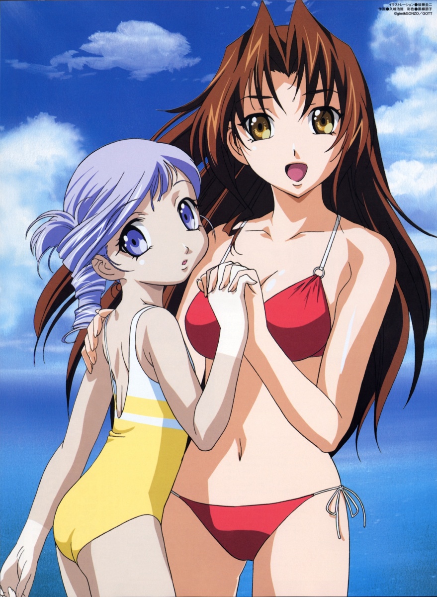 eclair (kiddy grade), lumiere (kiddy grade), kiddy grade, artist request, highres, tagme, 2girls, beach, multiple girls, swimsuit